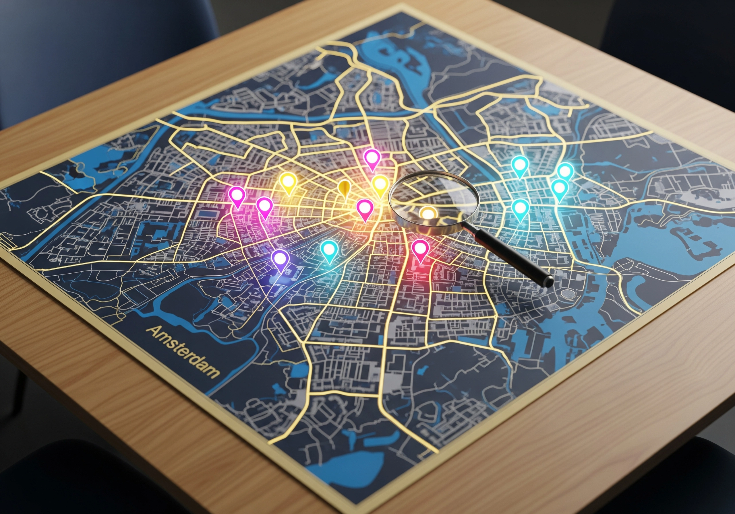 Amsterdam city map with location pin markers and a magnifying glass, finding a beauty salon.