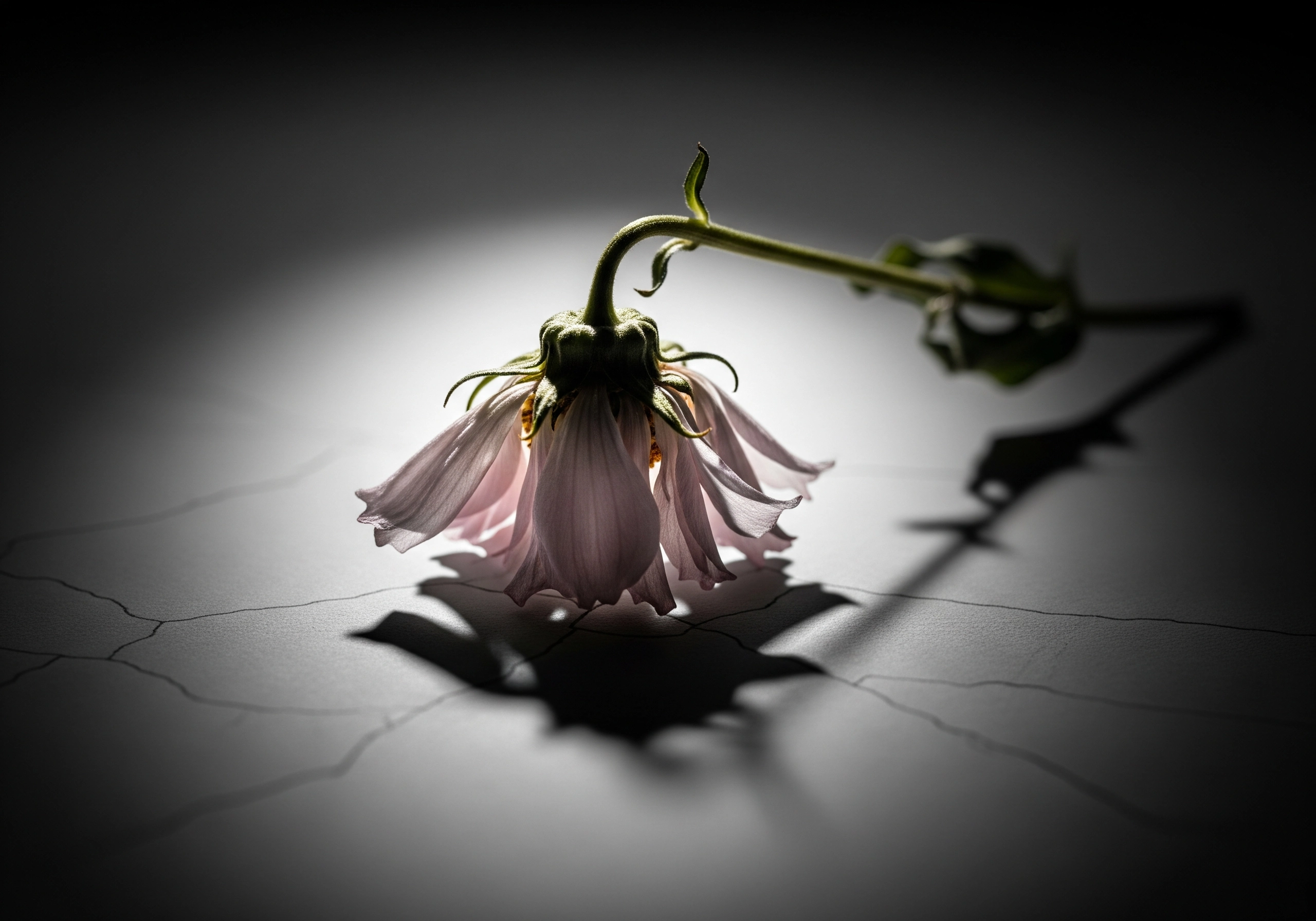 Single wilted flower with pale pink petals on cracked surface in dark, shadowed light.