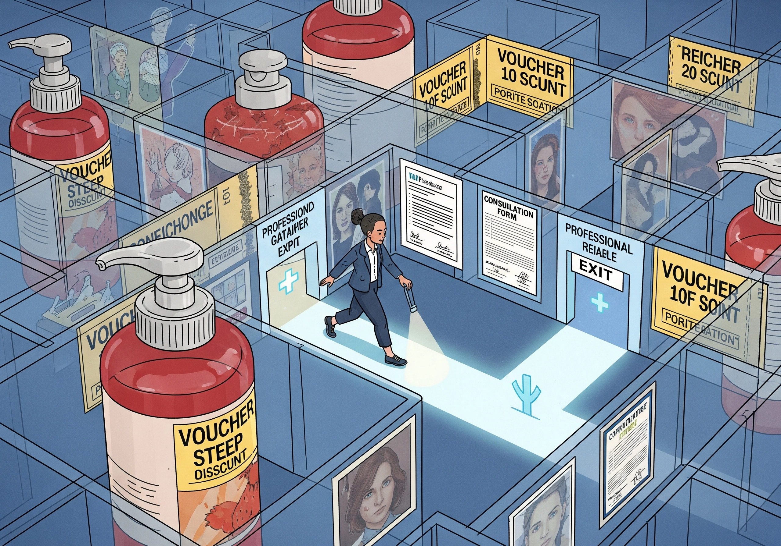 Illustration of a woman navigating a maze of beauty salon vouchers and consultation forms.