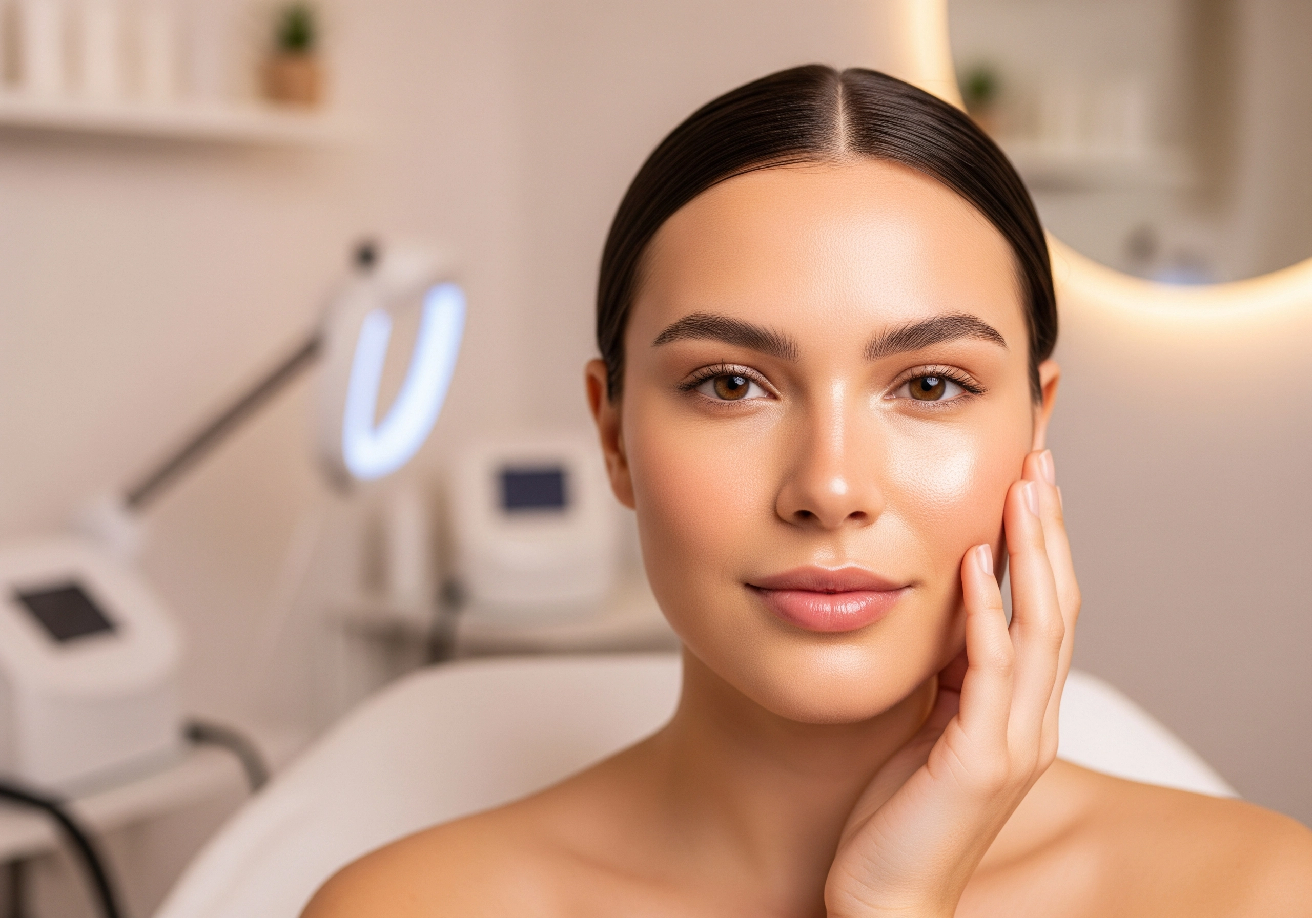 Close-up of a woman with radiant skin after a beauty treatment at an Amsterdam beauty salon.