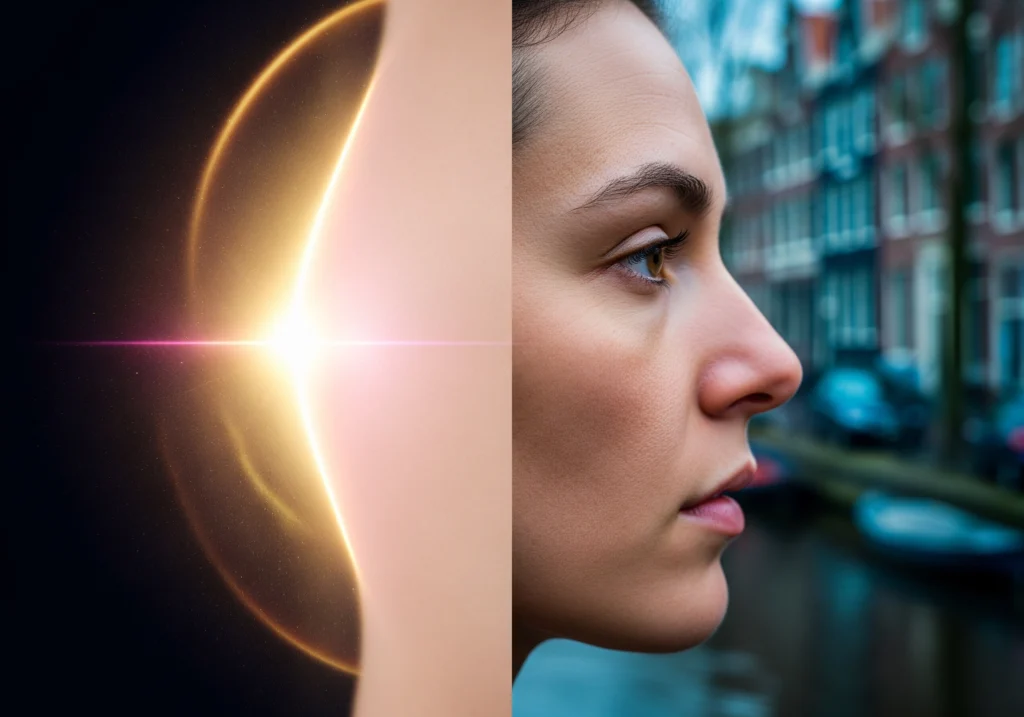 Profile of woman in Amsterdam, with light representing carbon laser peel facial rejuvenation.