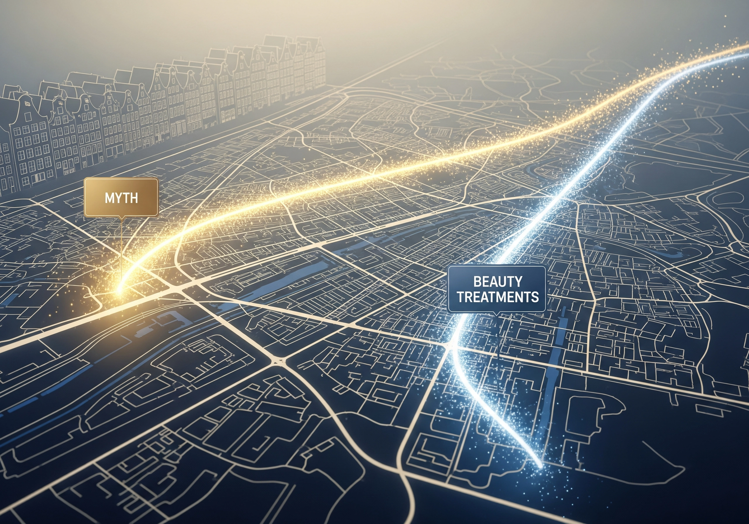 Stylized Amsterdam map illustration contrasting myths with lasting beauty treatments.