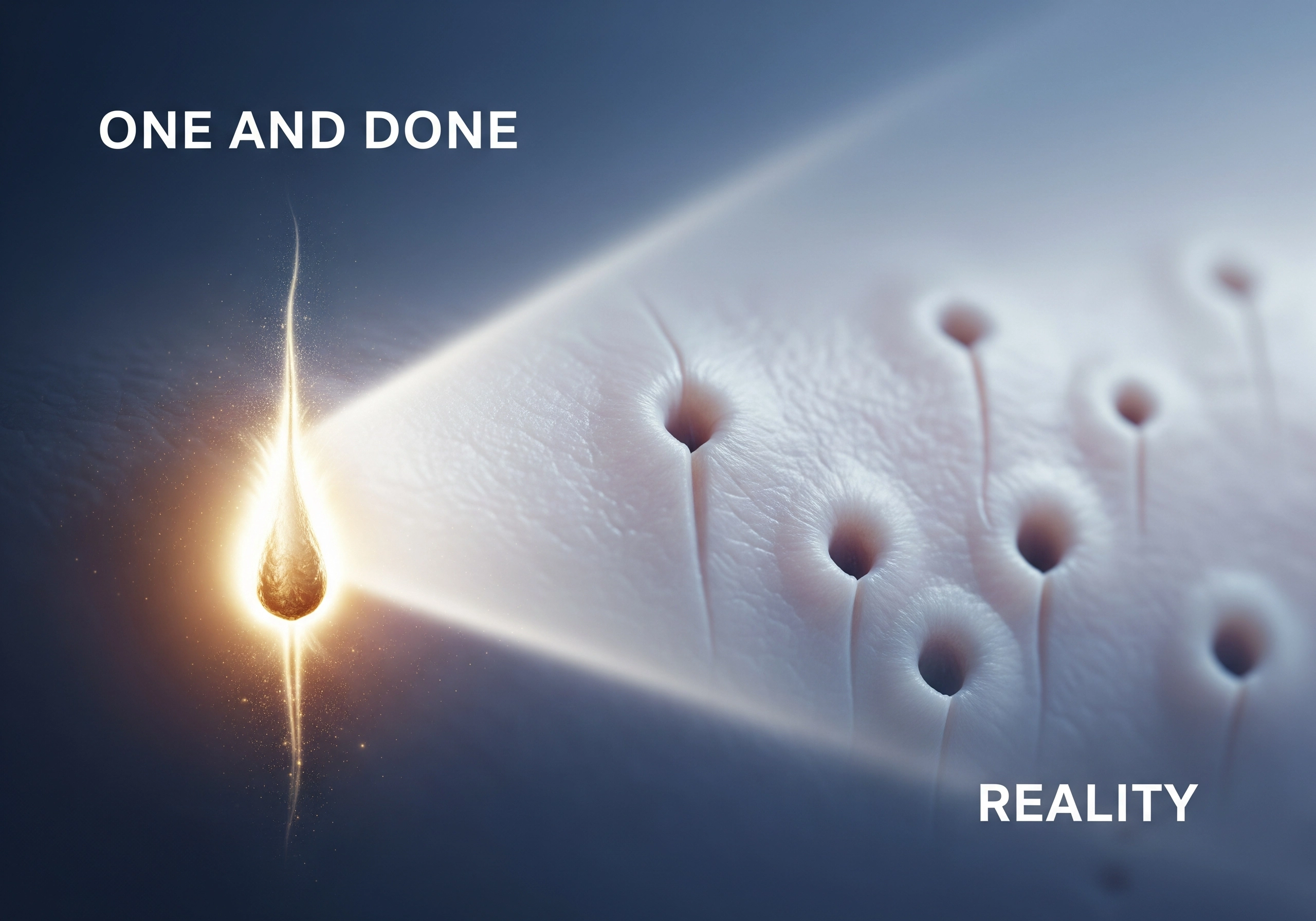 Close-up of skin pores after carbon peel, text reads 'One and Done, Reality.'