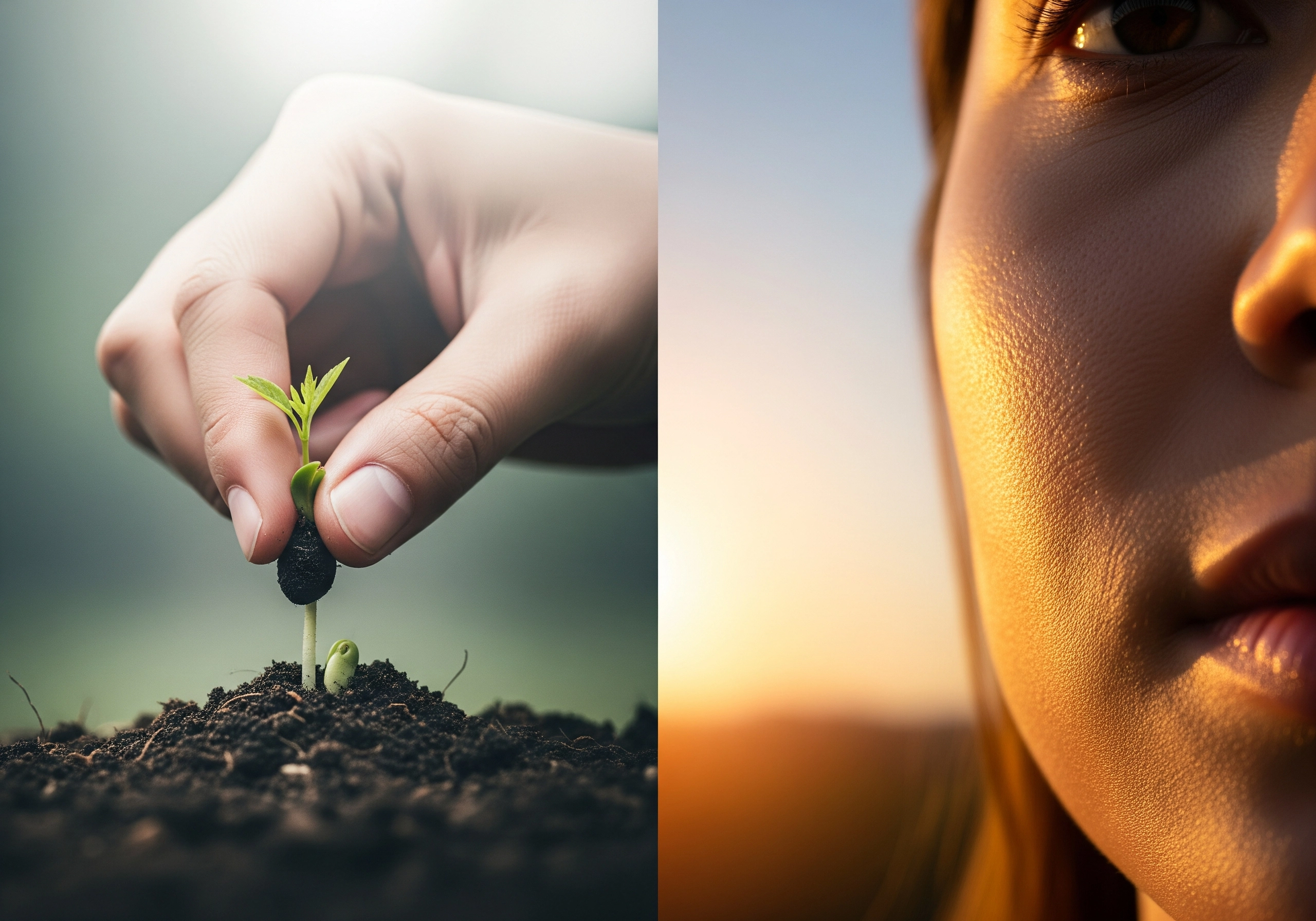 Close-up of a hand planting a seedling and a woman's sunlit facial skin.