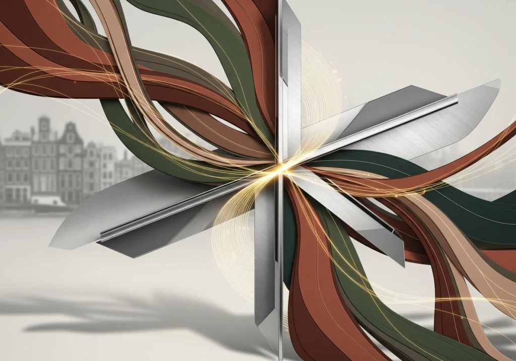 Abstract sculpture with metallic and organic shapes, Amsterdam buildings in background.