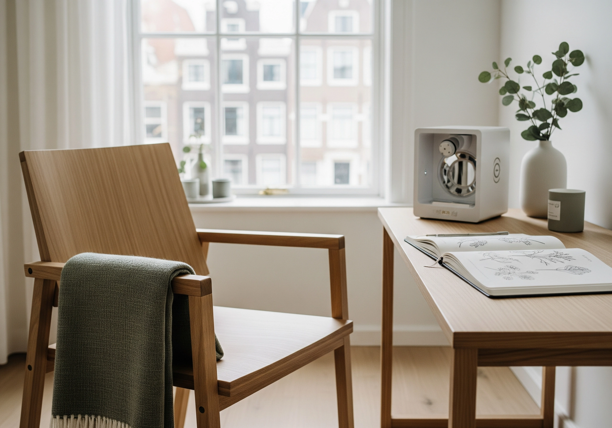 Modern room with chair, desk, notebook, skincare device and Amsterdam building view.