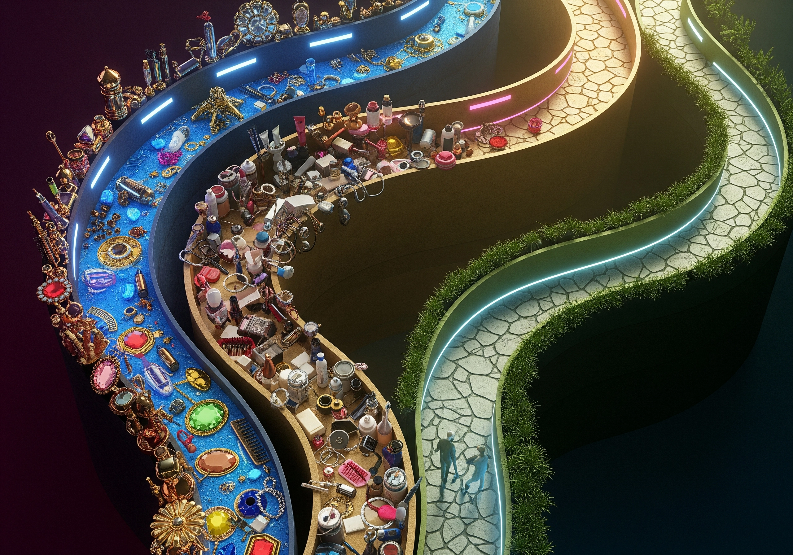 Aerial view of winding paths of jewelry, cosmetics, and stone tiles.