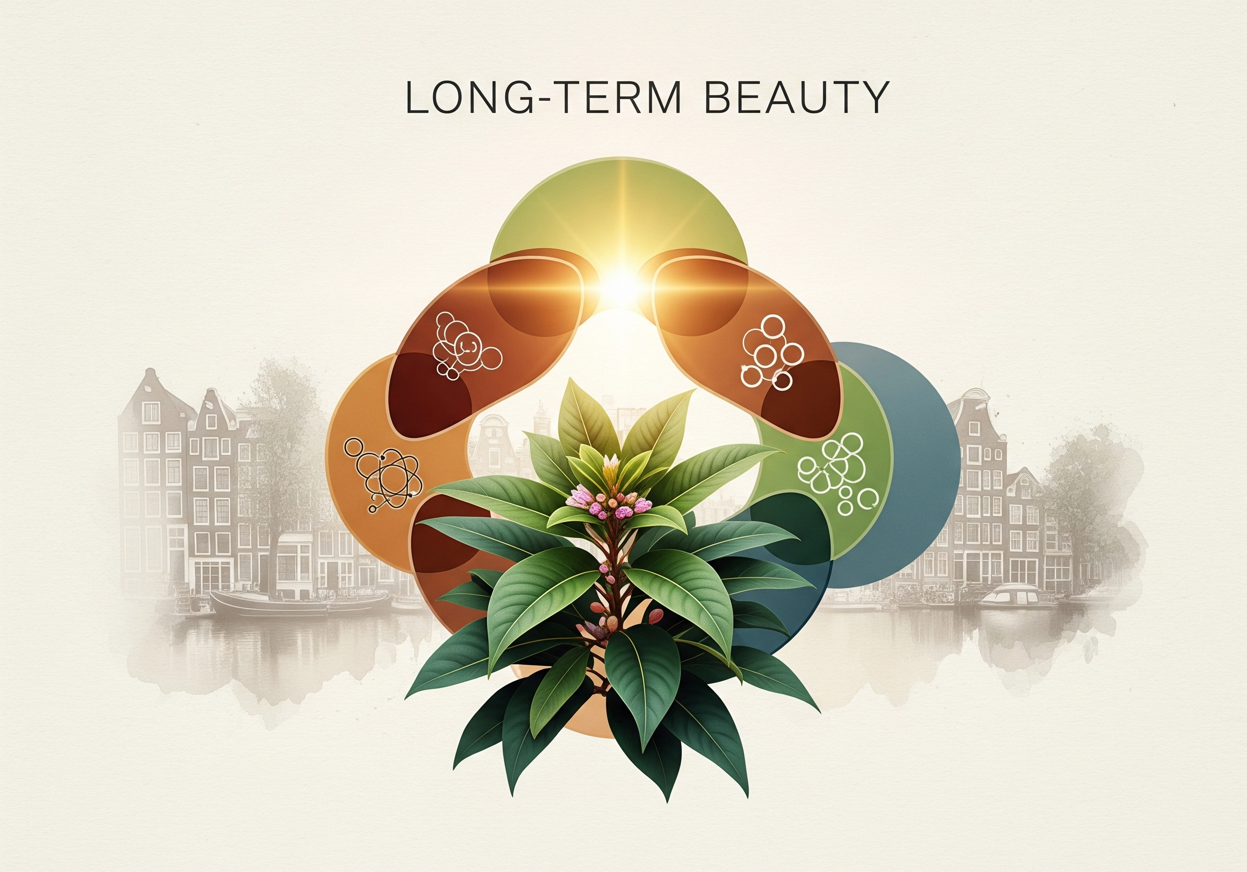 Long-term beauty concept with plant, circles, and Amsterdam canal houses.