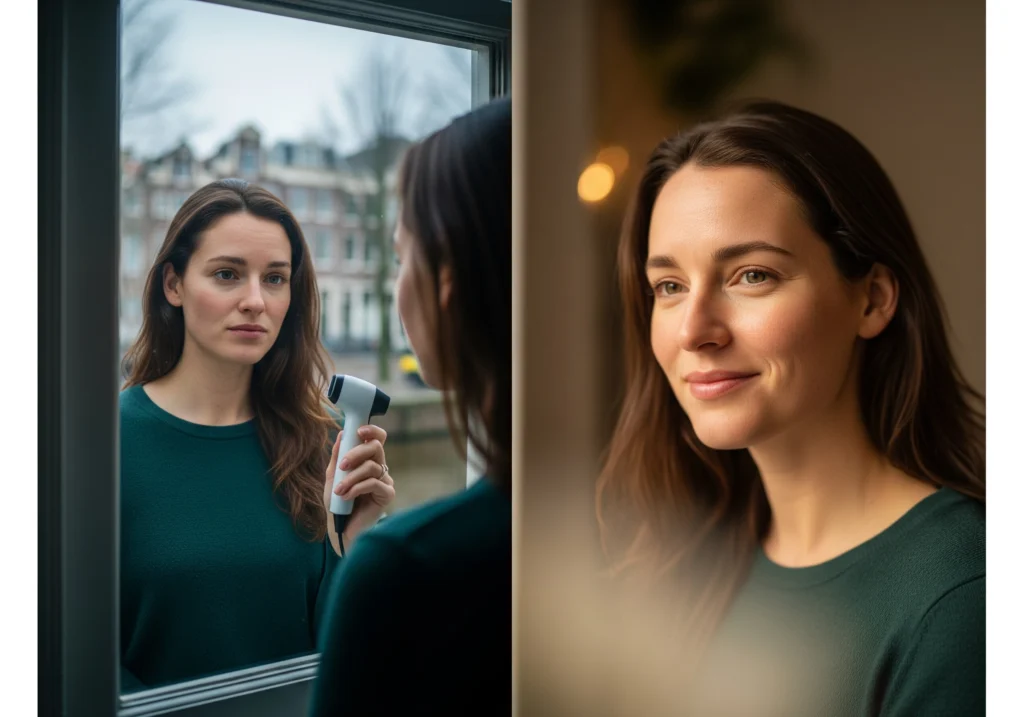 Woman examining skin with device in Amsterdam before carbon peel facial.