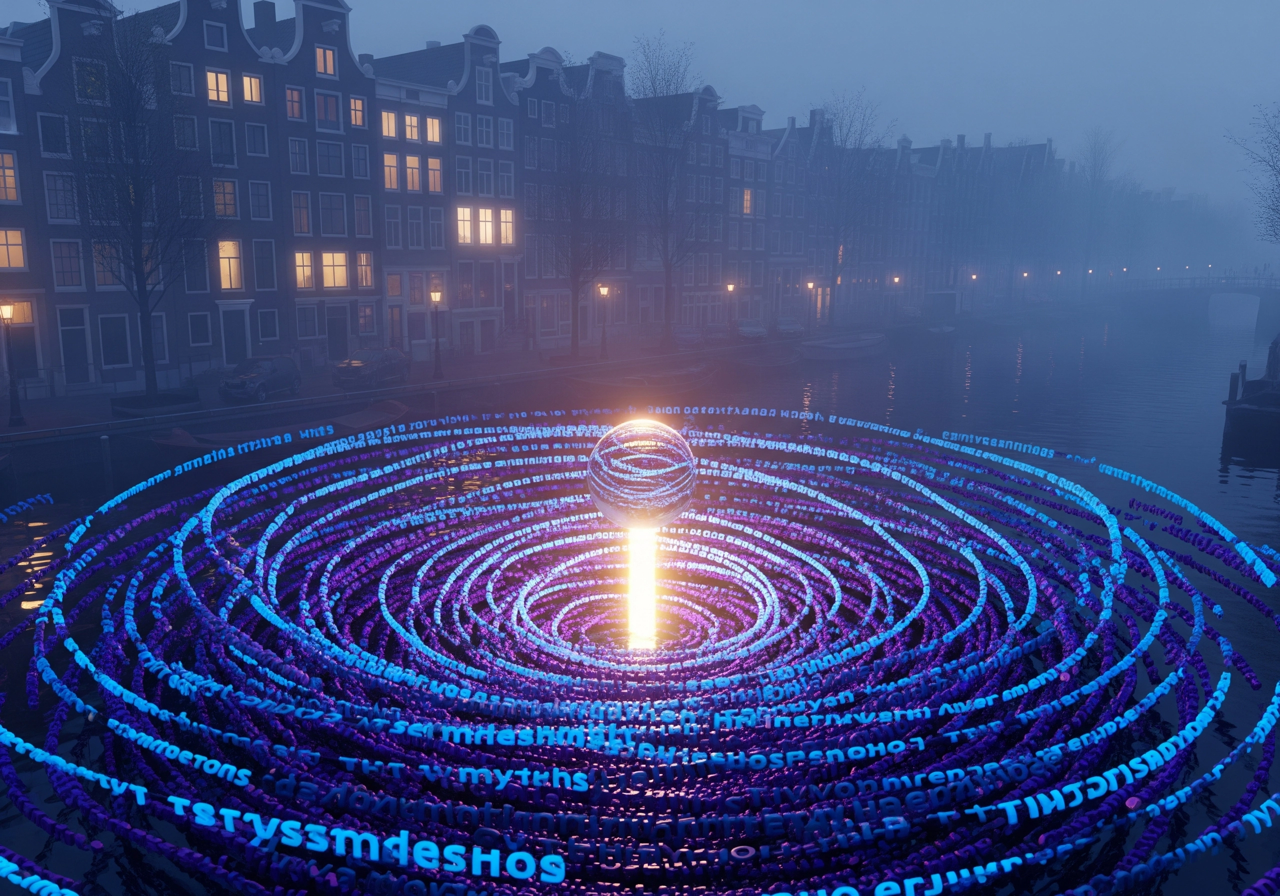 Abstract digital art with glowing sphere and code spirals in Amsterdam canal.
