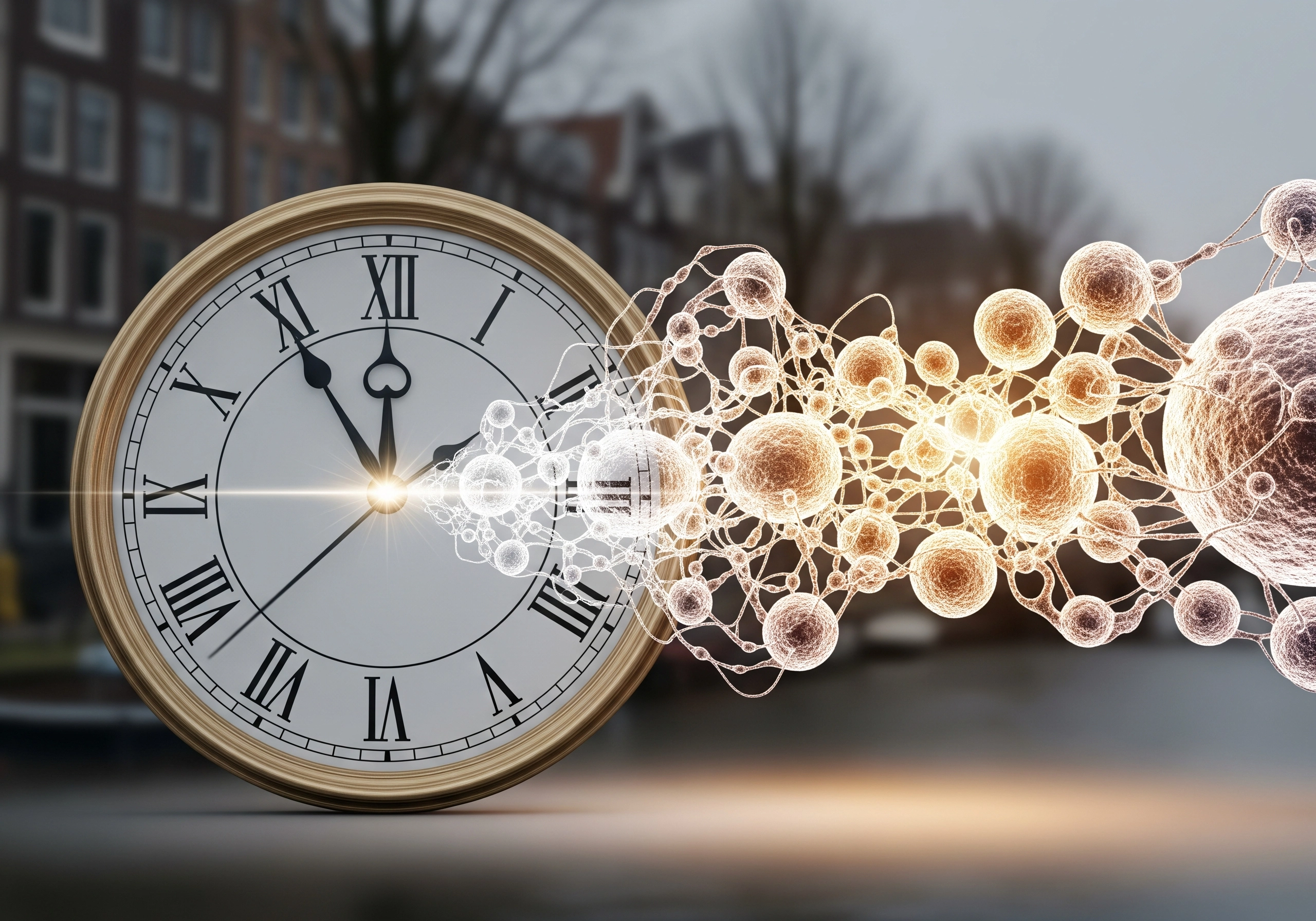 Clock face with cellular graphic, depicting skin rejuvenation time.