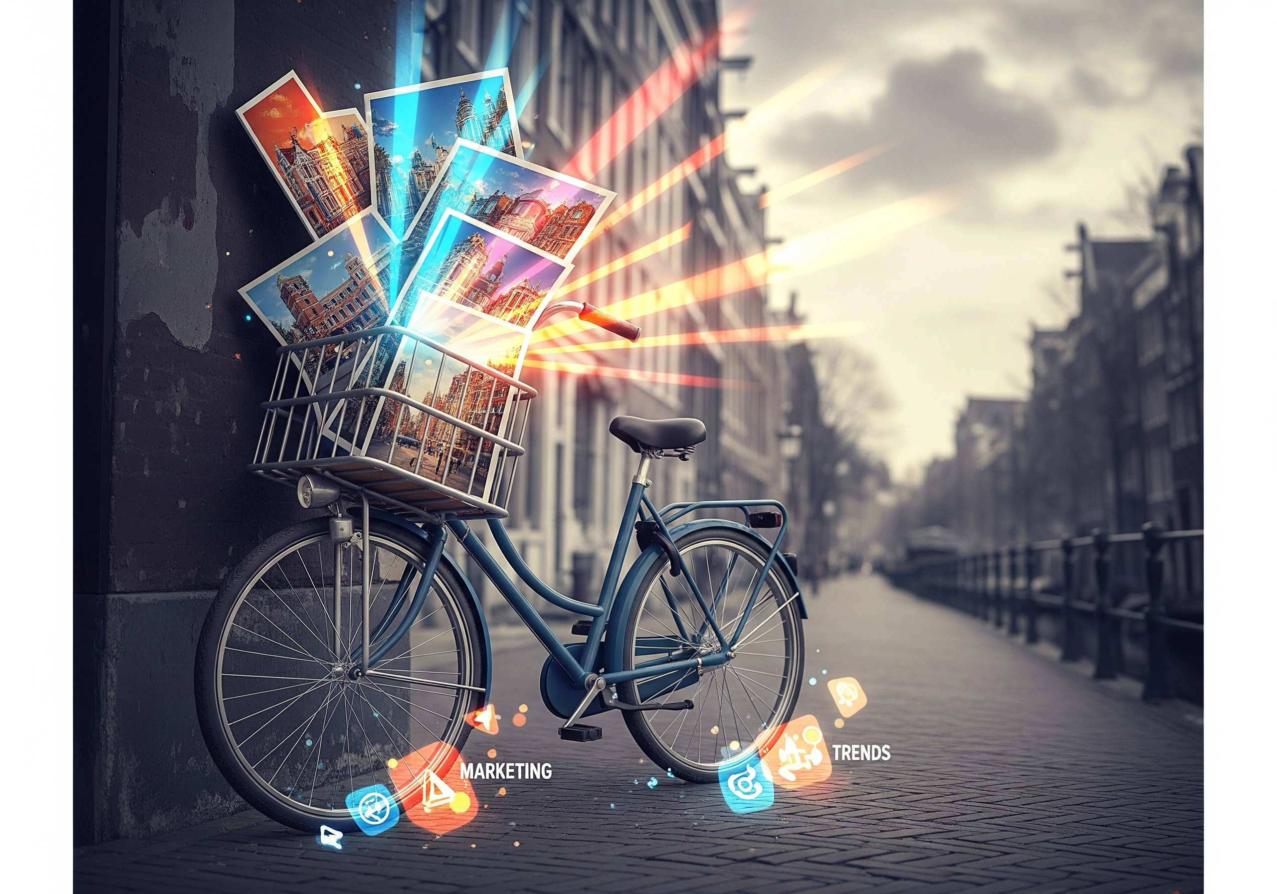 Blue bicycle with Amsterdam photos in basket, marketing and trends graphics overlay.