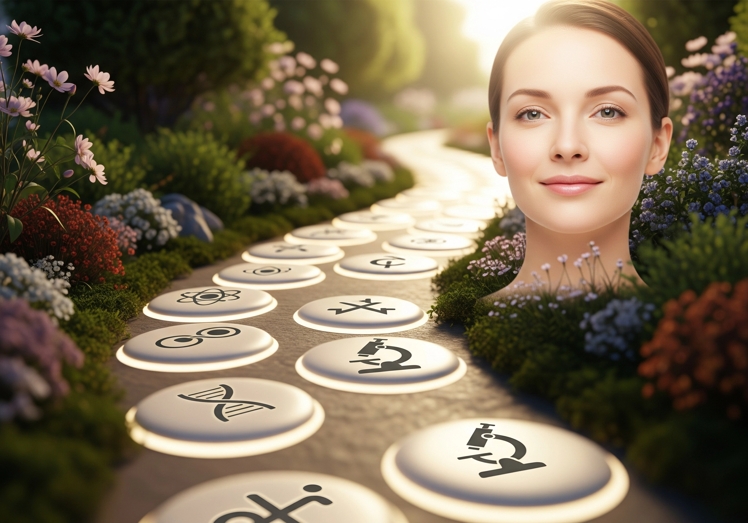 Smiling woman with skincare symbols on pathway, representing skin treatment facts.