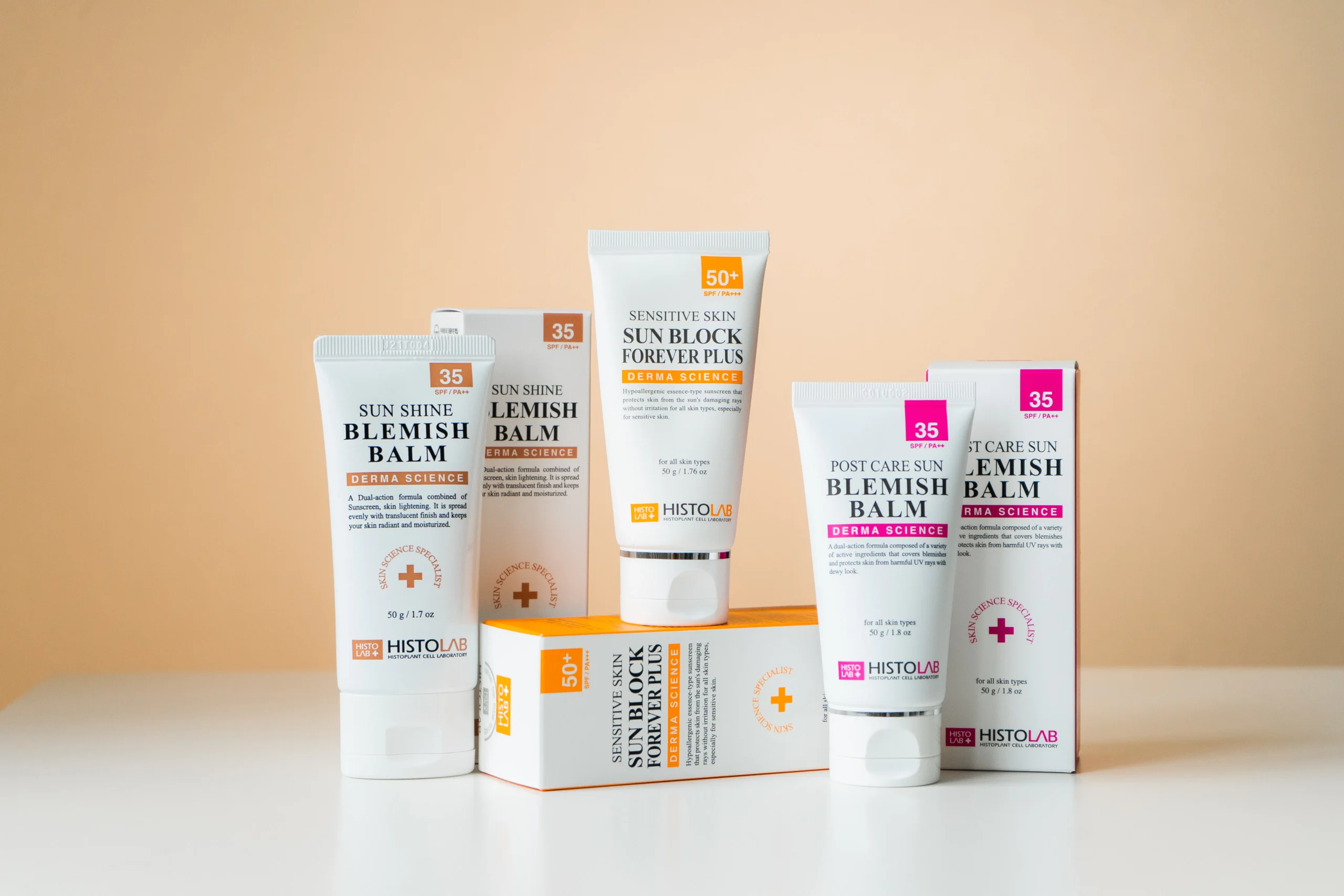 Selection of Histolab skincare products, relevant for carbon peeling aftercare.