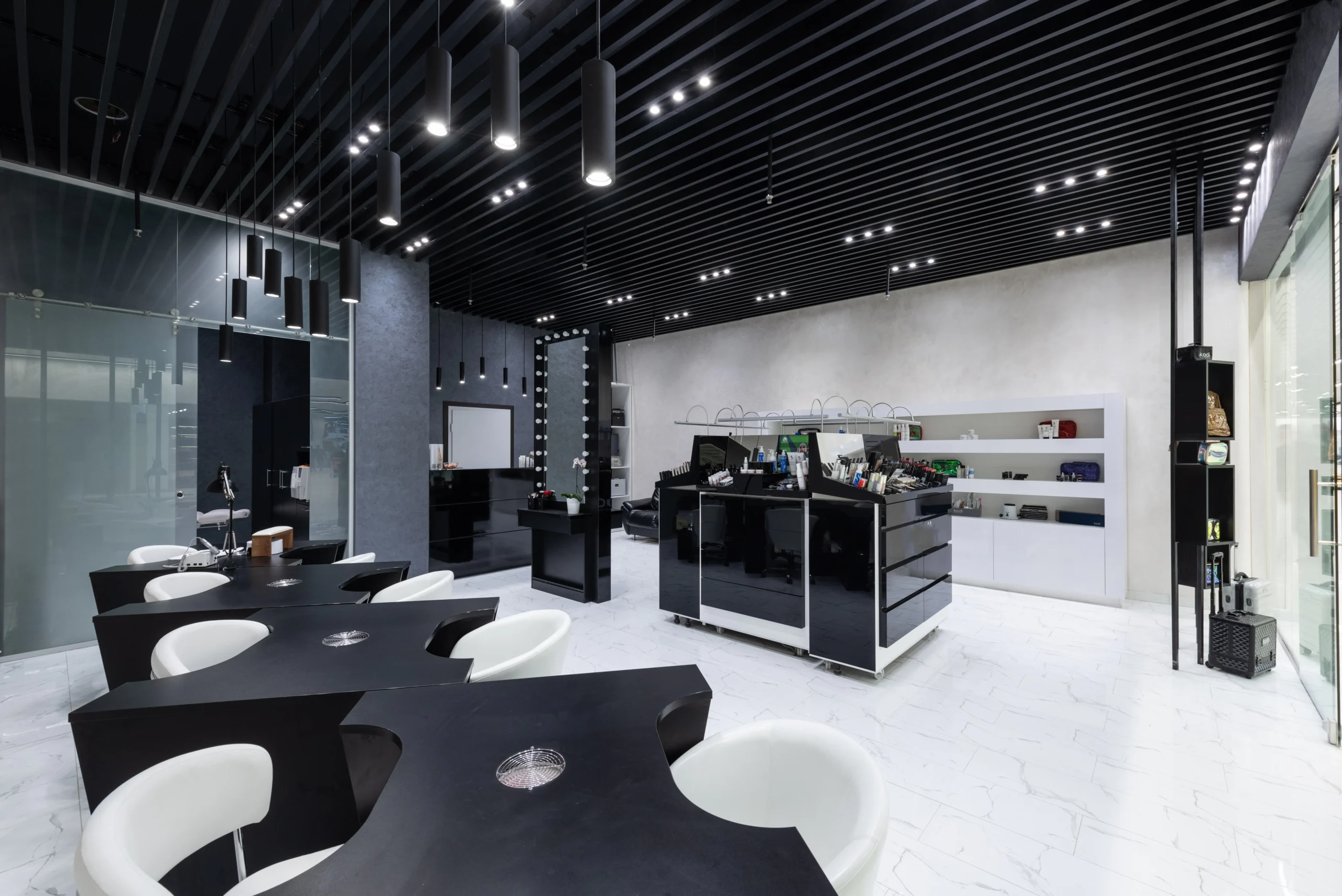 Modern black and white interior of a beauty salon in Amsterdam