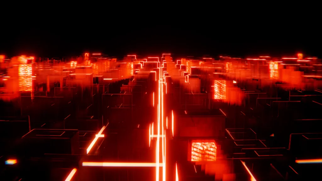 Abstract glowing red cityscape against a black background.