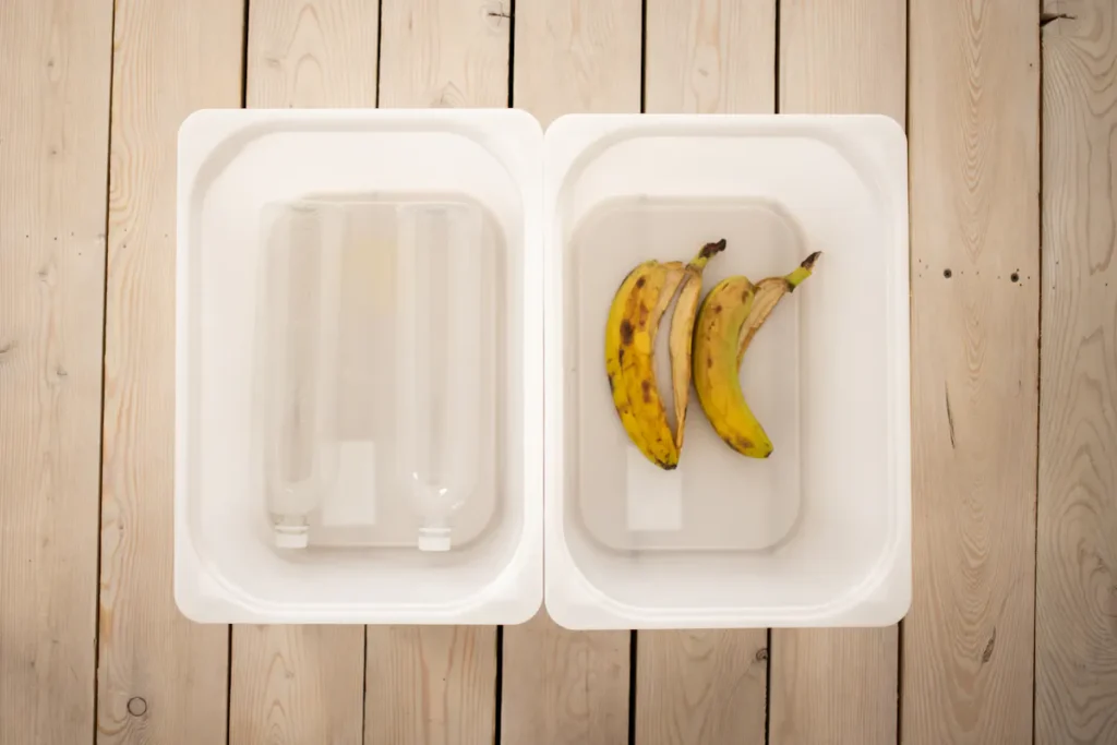 Overhead view of banana peels and empty bottles in white containers.