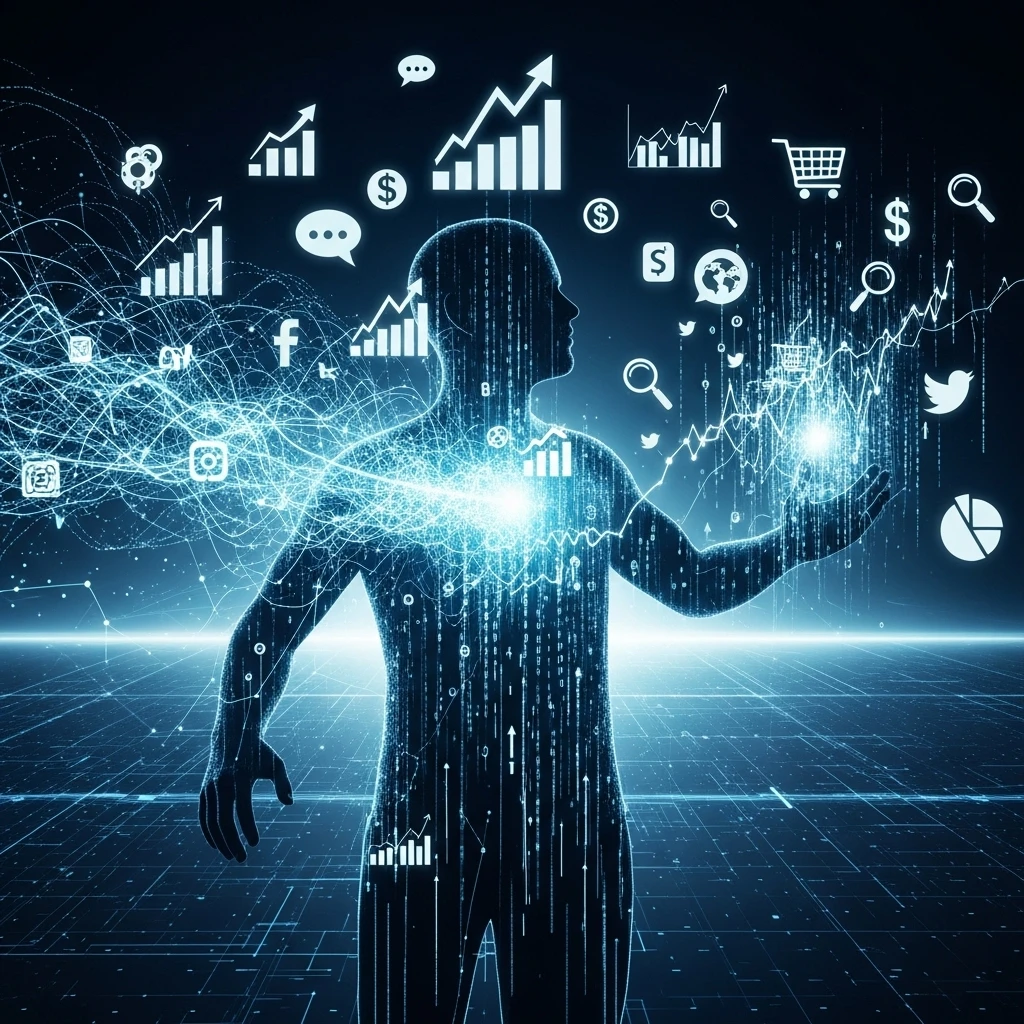 Digital silhouette surrounded by data graphs and social media icons.