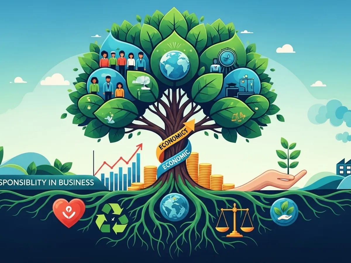 Stylized tree with leaves depicting people, globes, and economic icons.
