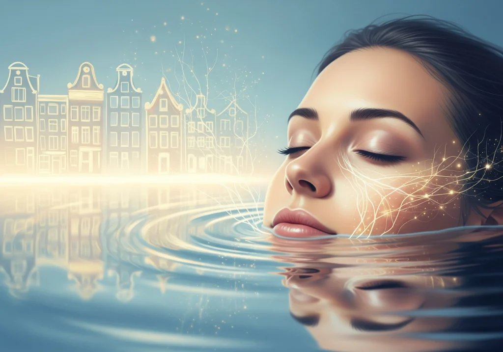 Woman relaxing in water, Amsterdam skyline reflected, representing spa treatments Amsterdam.