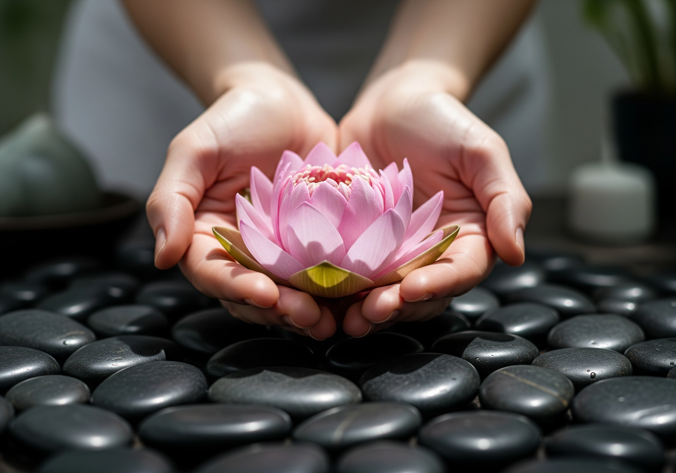 Hands holding pink lotus flower over black stones, symbolising beauty care Amsterdam.