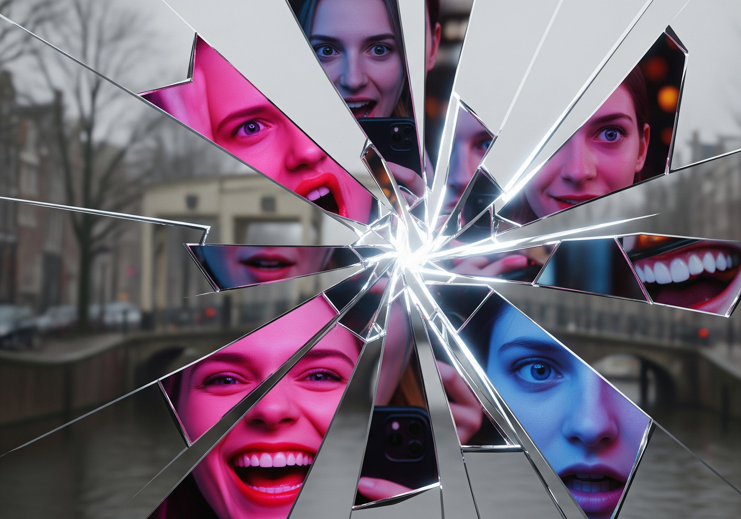 Fractured mirror reflecting woman taking selfie in Amsterdam, distorted into colorful shards.