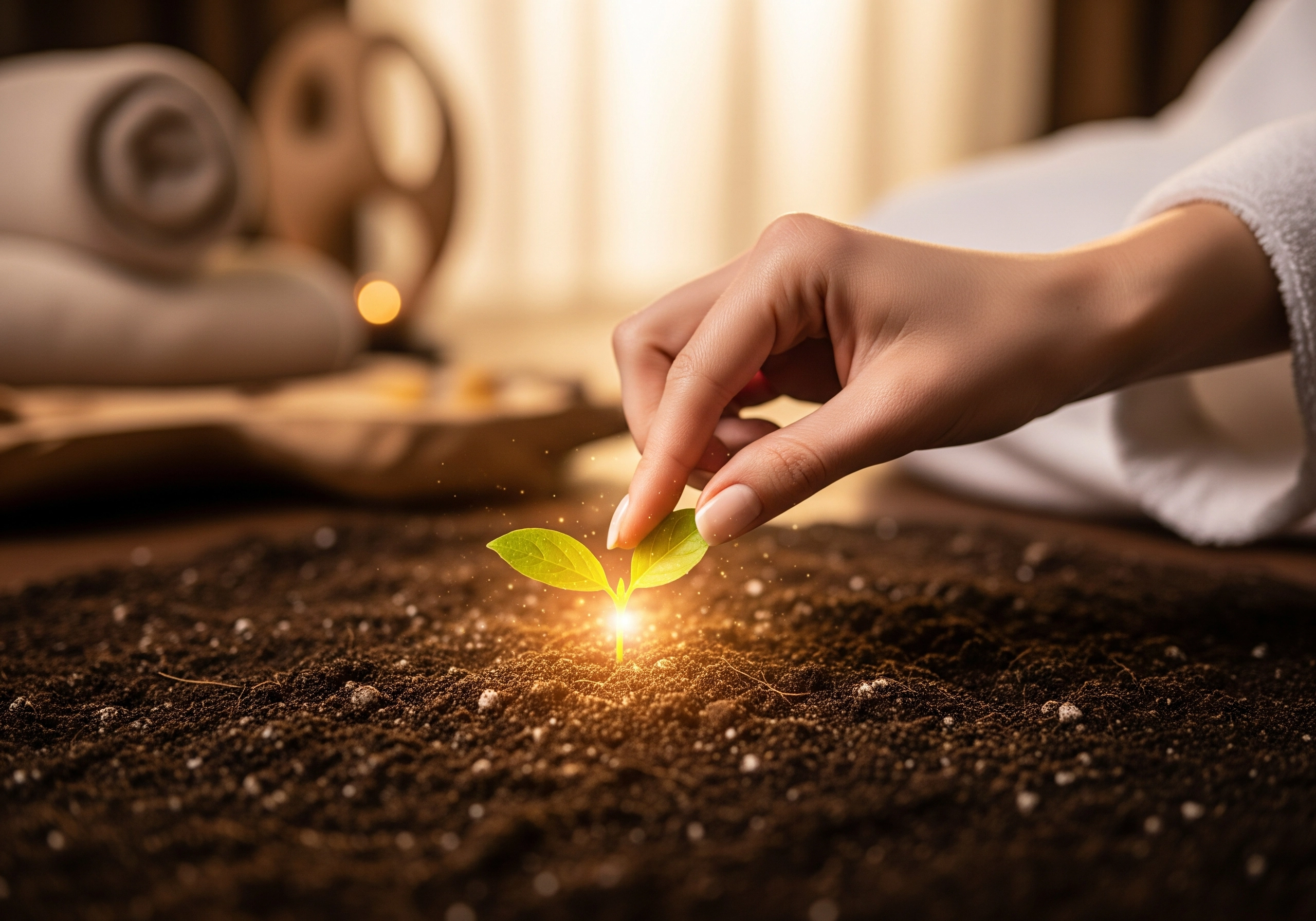 Hand gently placing sprout in soil, representing growth after spa treatments Amsterdam.