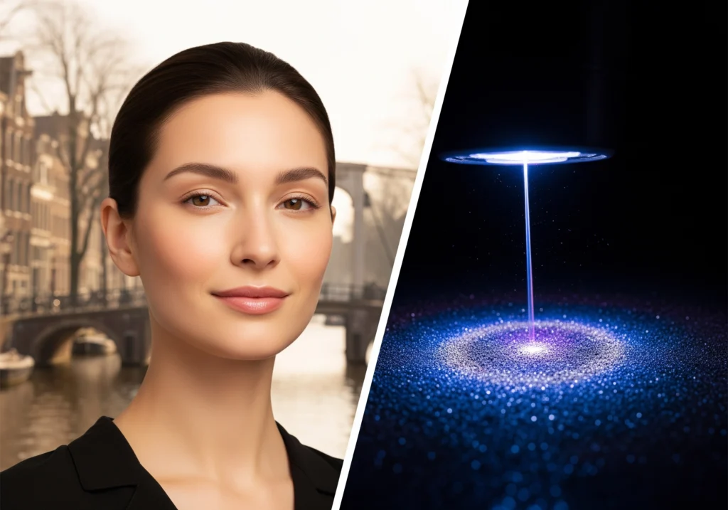 Woman in Amsterdam, with carbon laser peel effect showcasing a facial treatment.