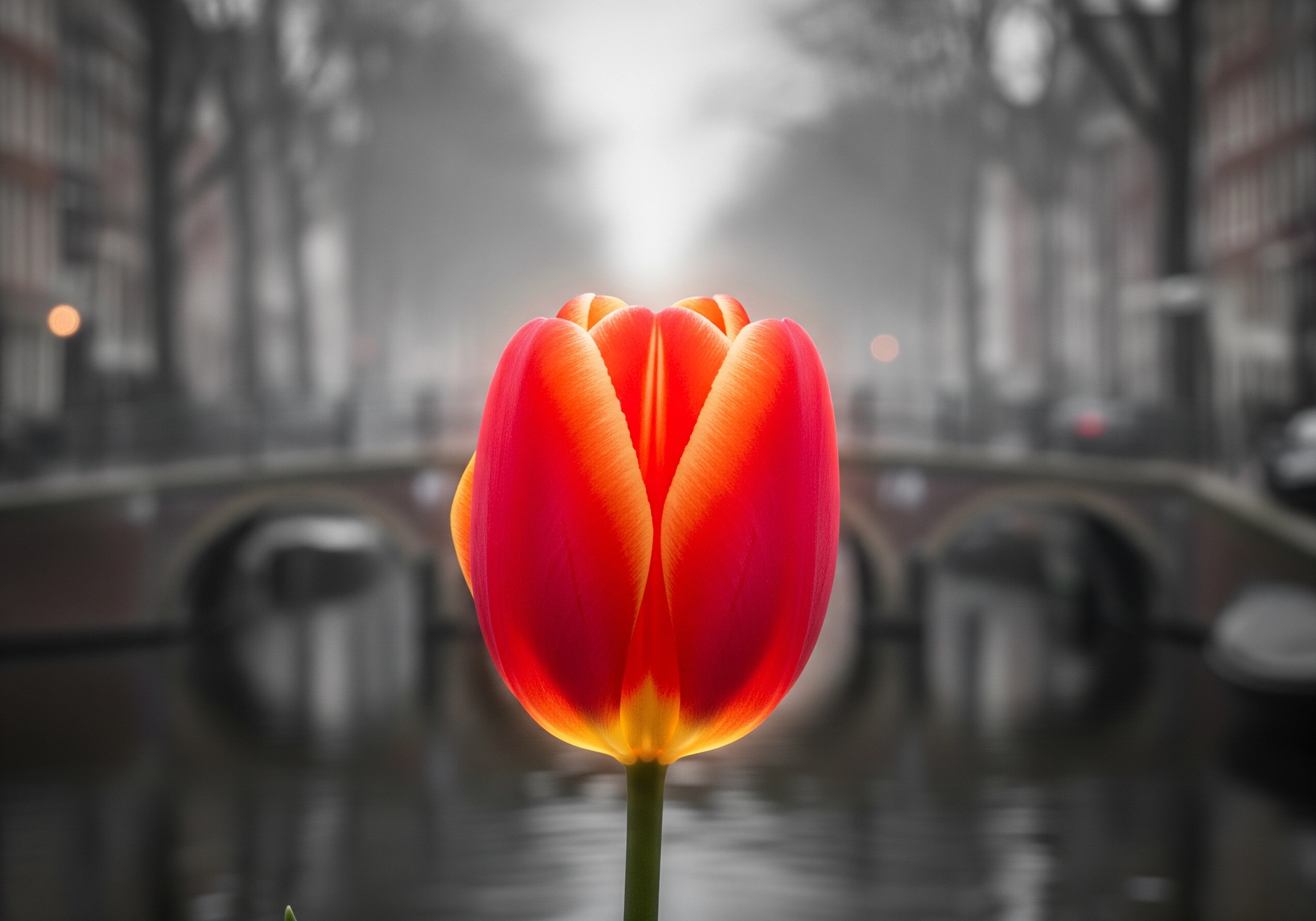 Close-up of a tulip with an Amsterdam canal and bridge in the background.