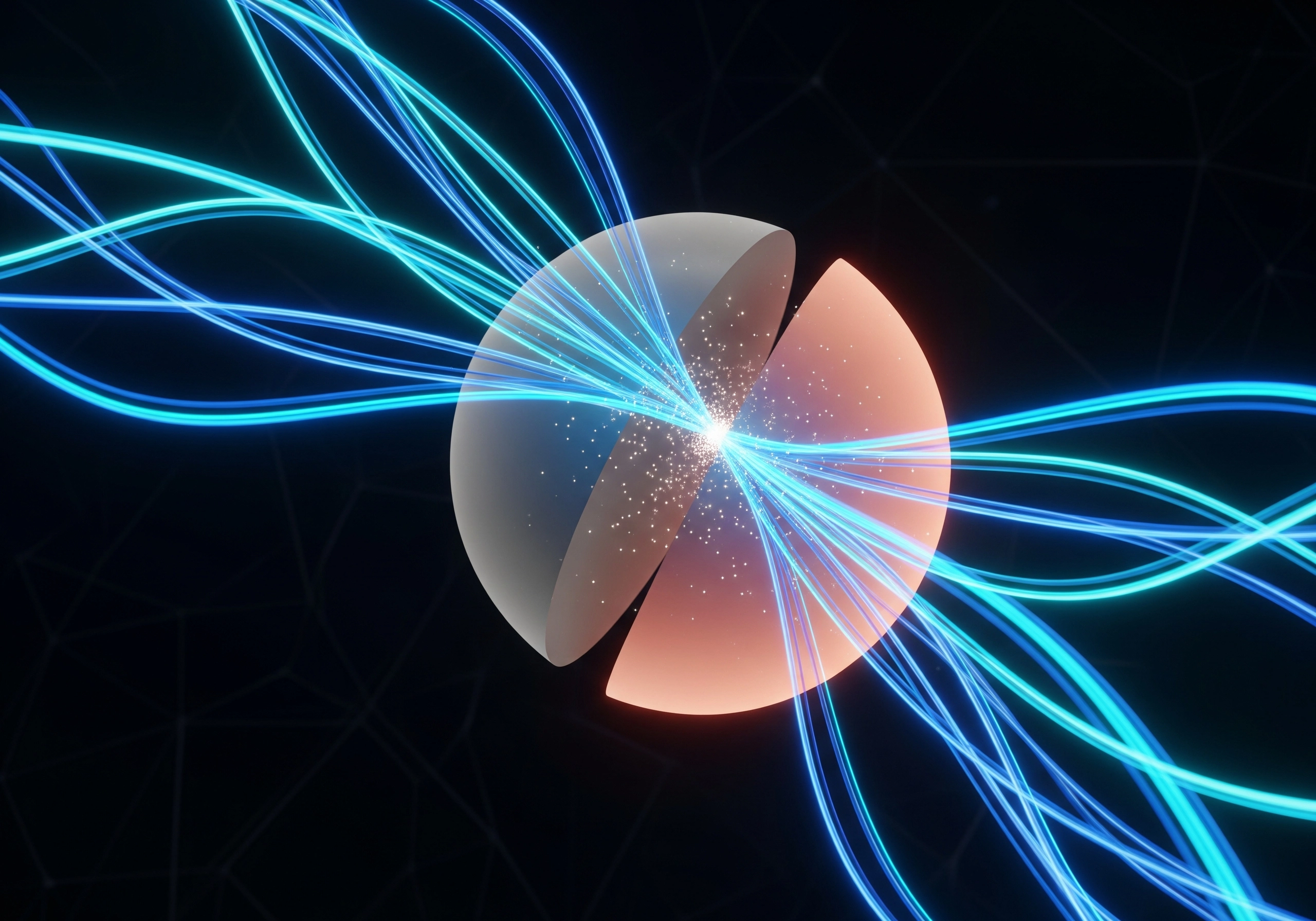 Abstract image of blue light beams converging on a segmented sphere.