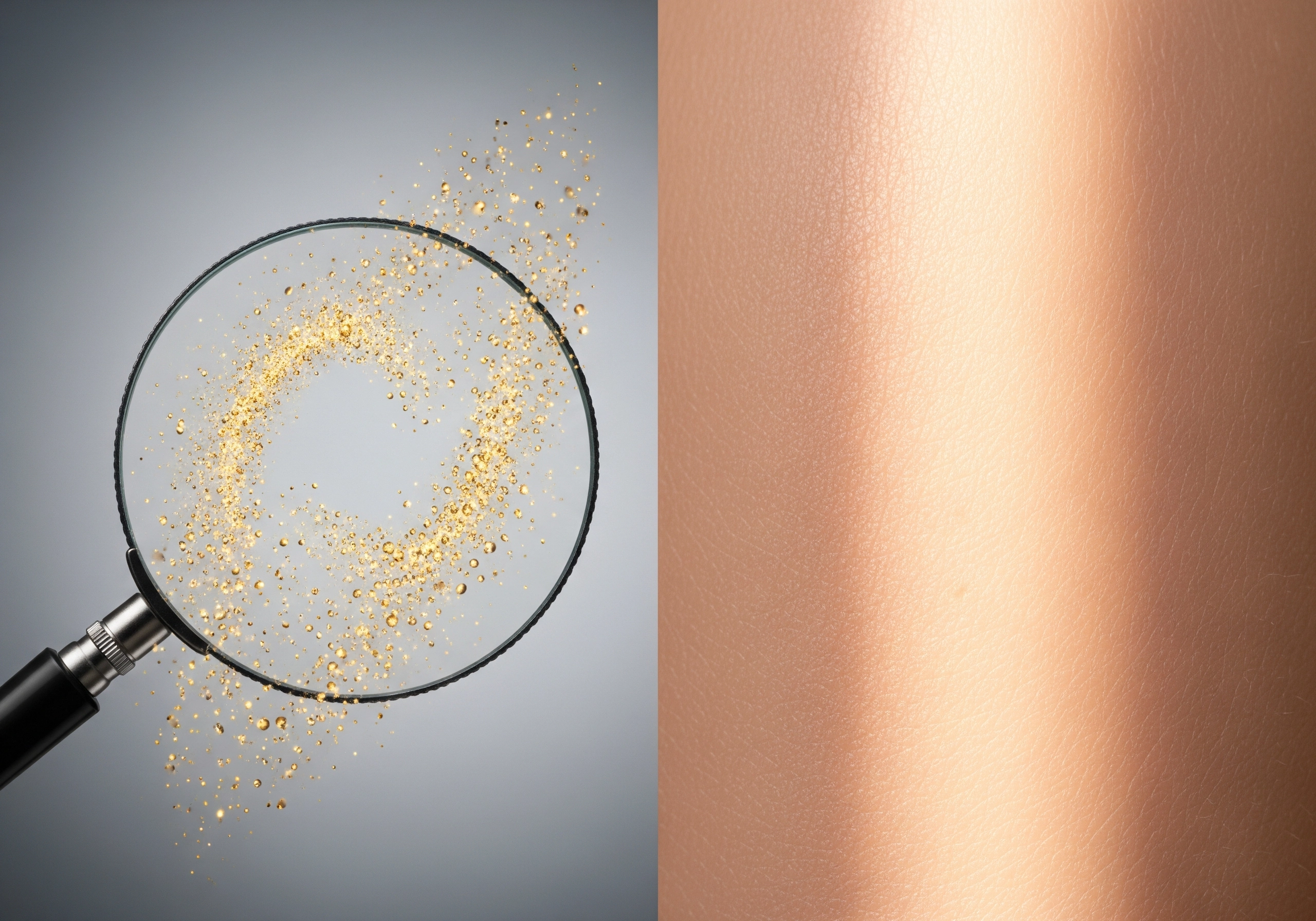 Magnifying glass over simulated skin pores next to normal skin, concept carbon peel.