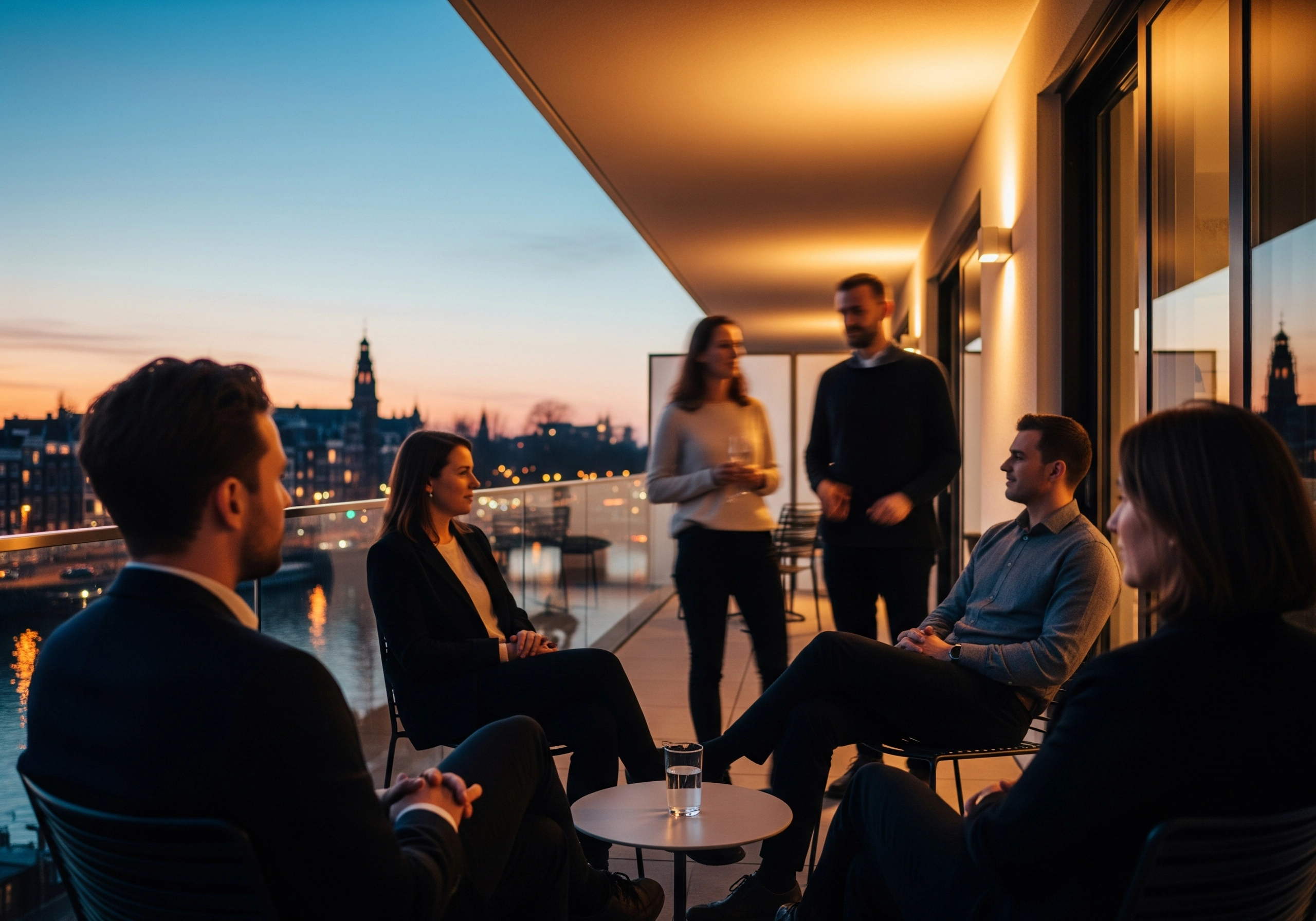 People on Amsterdam balcony overlooking city skyline at dusk, unrelated to carbon peel.