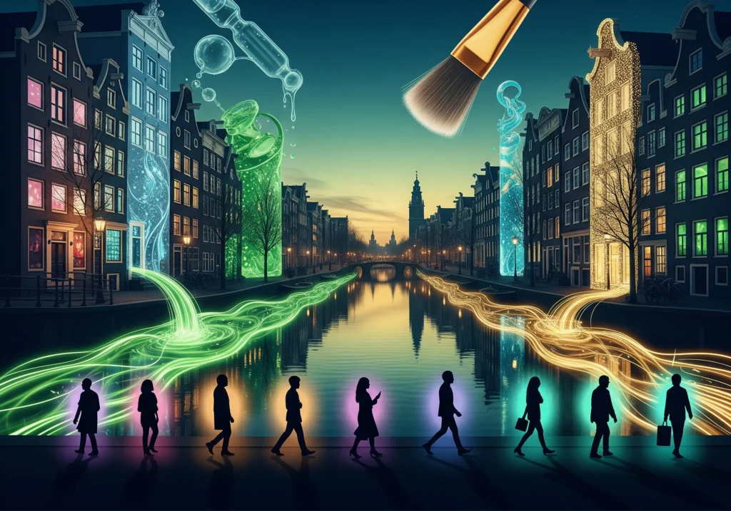 Amsterdam canal with walking silhouettes and floating beauty treatment icons.