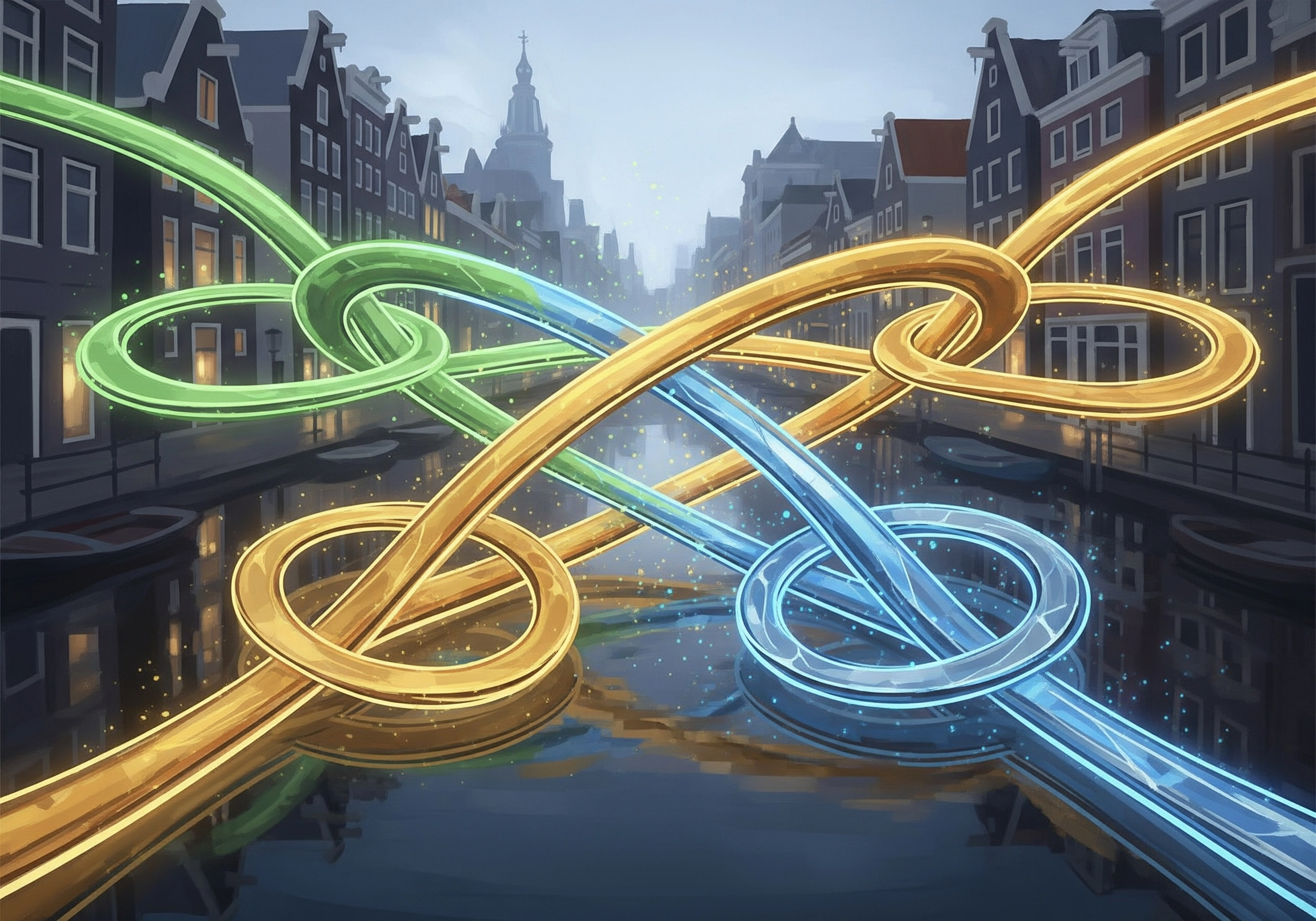 Illustration of intertwined gold, green and blue ribbons above an Amsterdam canal.