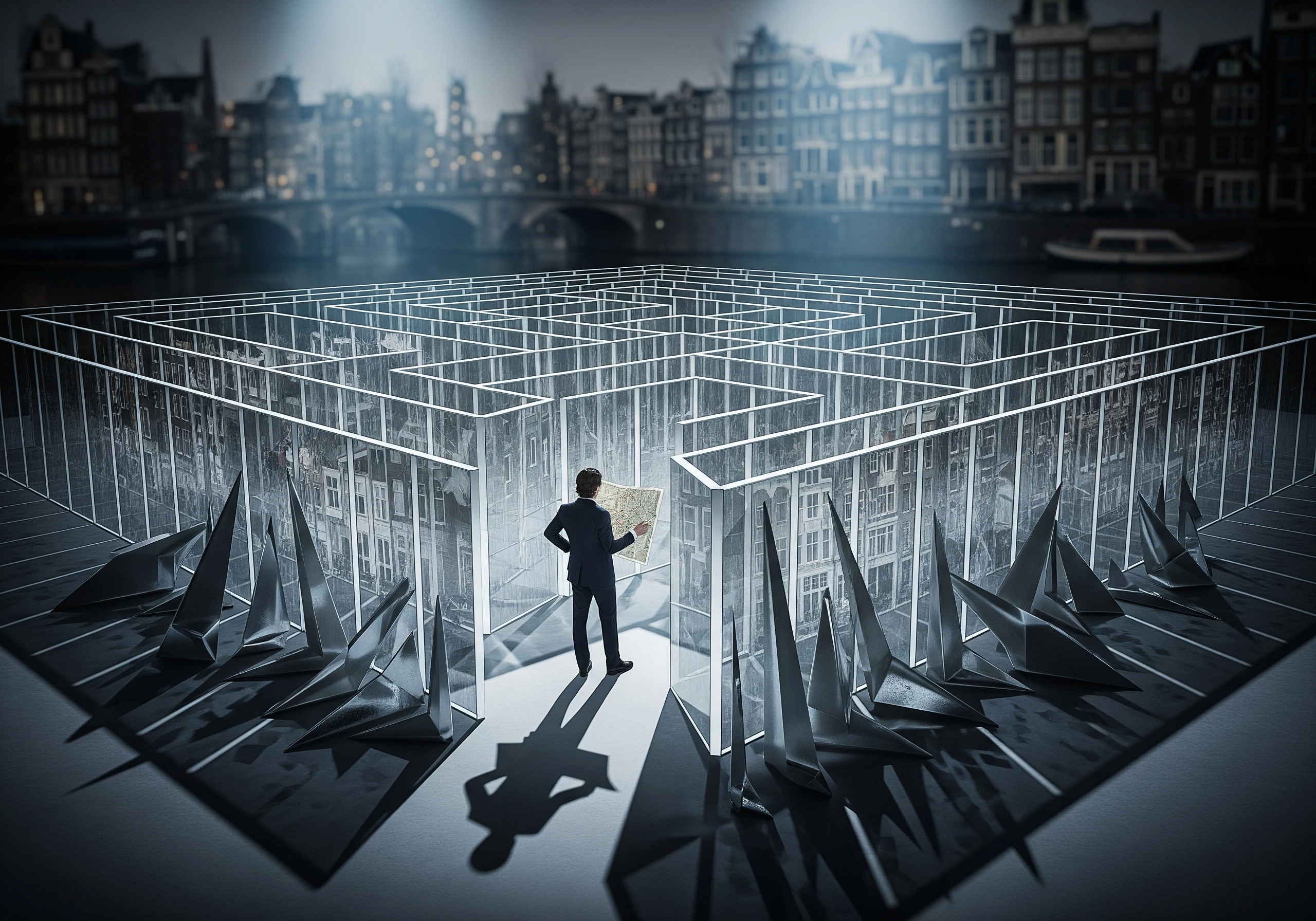 Man with map stands at a maze entrance with Amsterdam cityscape in the background.