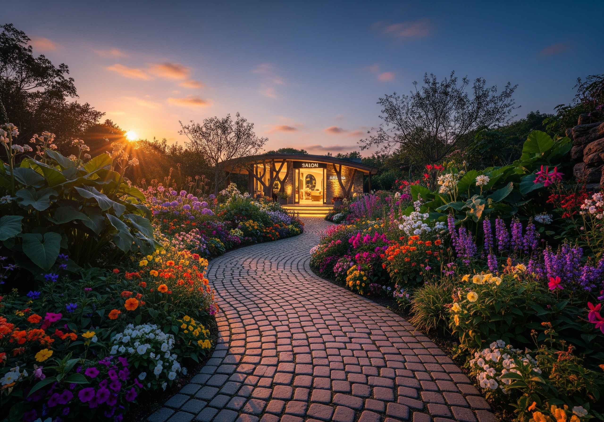 Exterior of beauty salon in garden setting with flowers and sunset.
