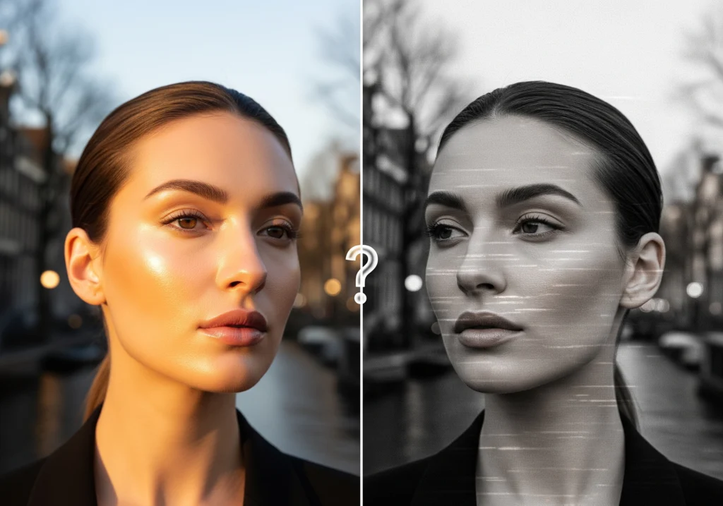 Woman's face in color and grayscale composite, questioning carbon peel benefits in Amsterdam.