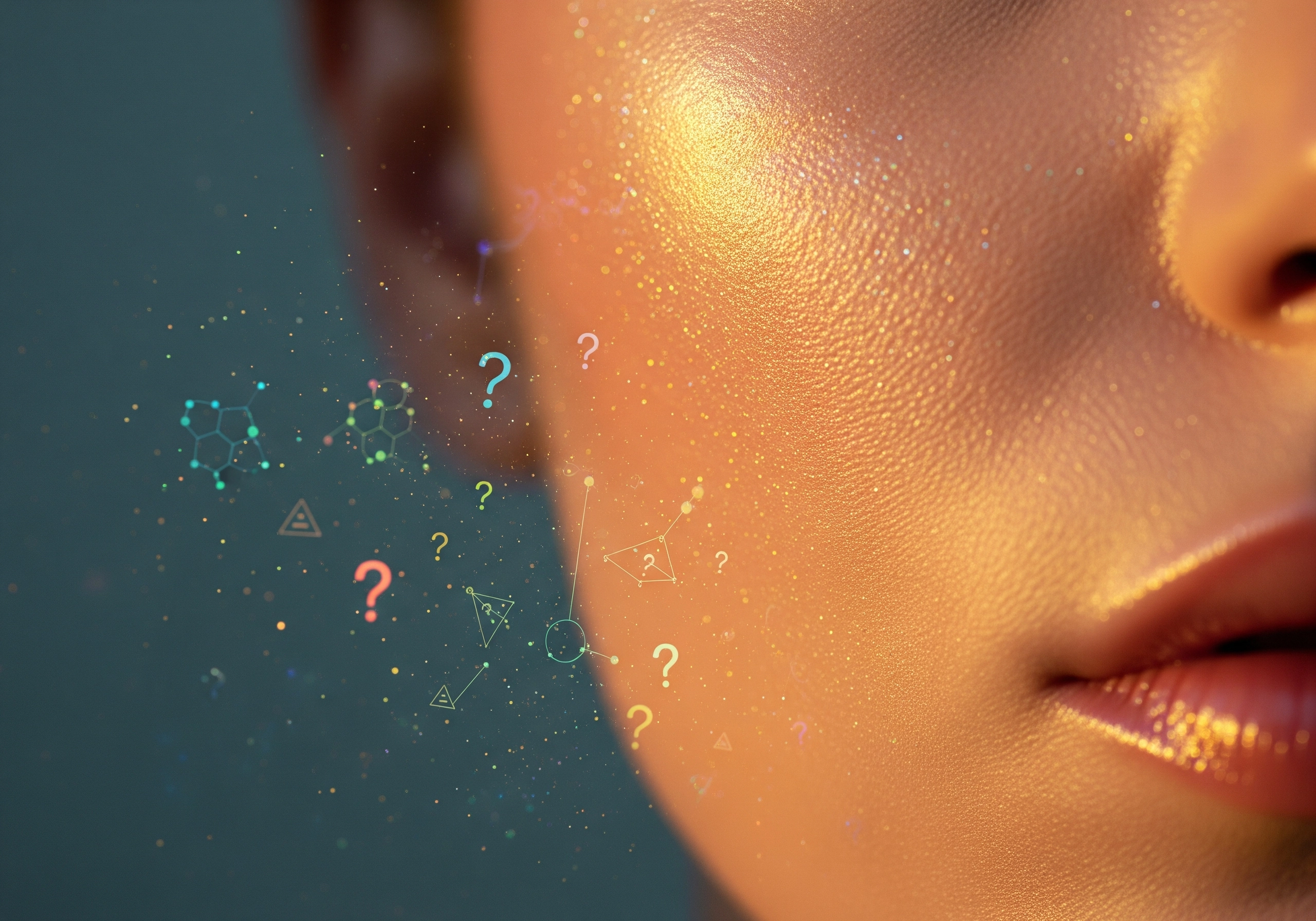 Close-up of woman's skin with question marks and science graphics, relating to carbon peel myths.