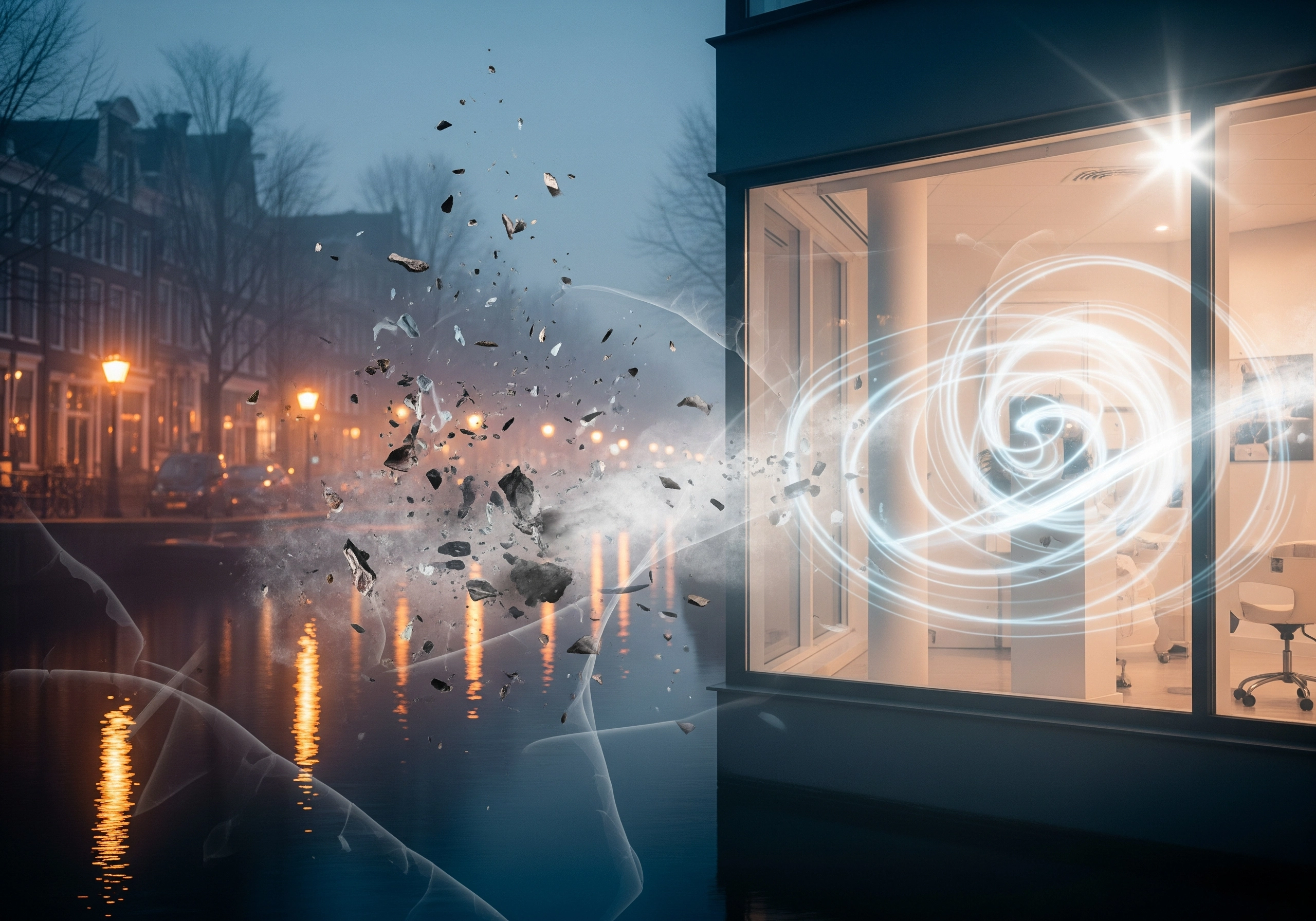 Amsterdam canal scene dissolving into a carbon peel treatment room with laser light