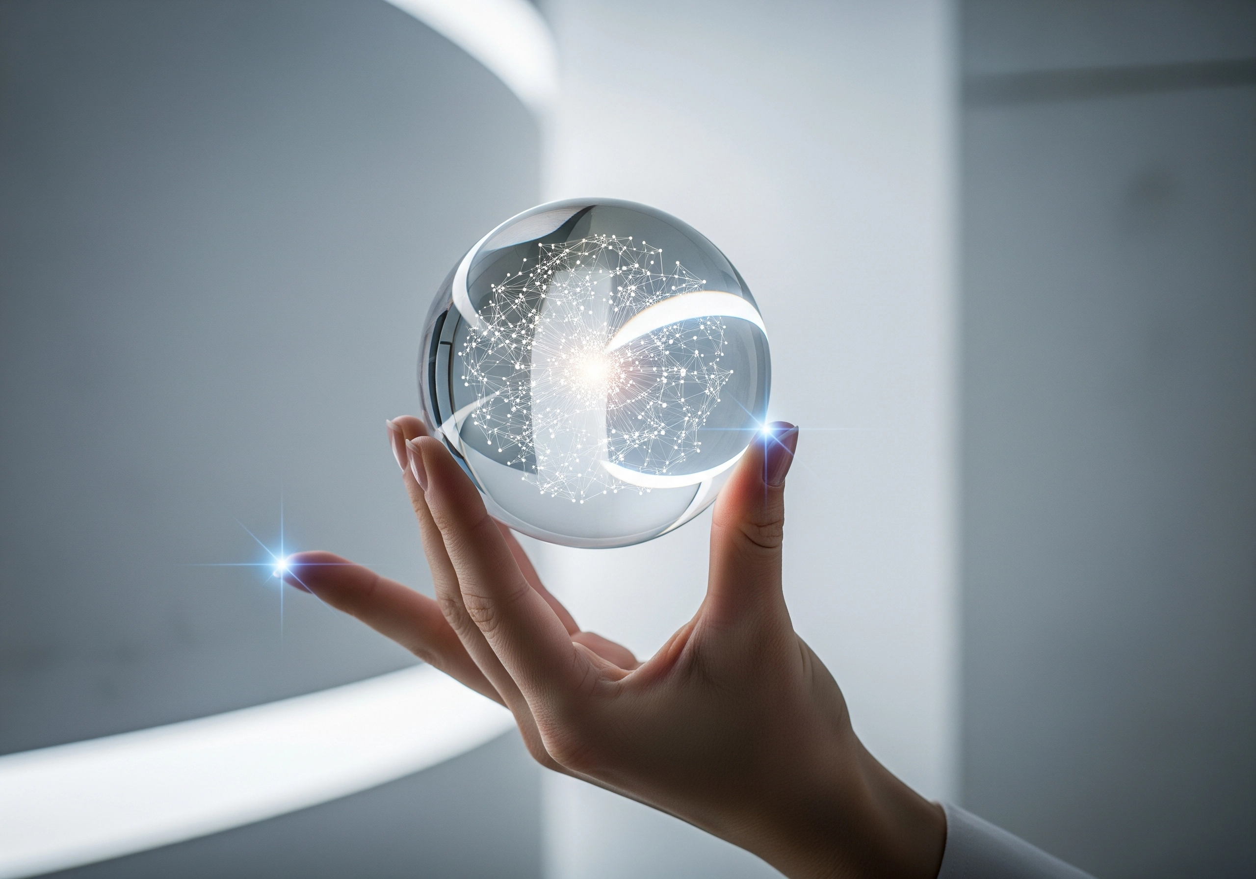 Hand holding a clear orb showing network data, representing Amsterdam skin treatment tech