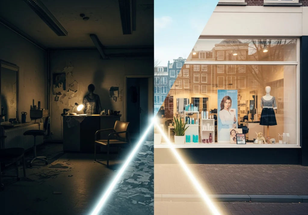Split image: run-down vs. modern Amsterdam beauty salon storefront with mannequin.