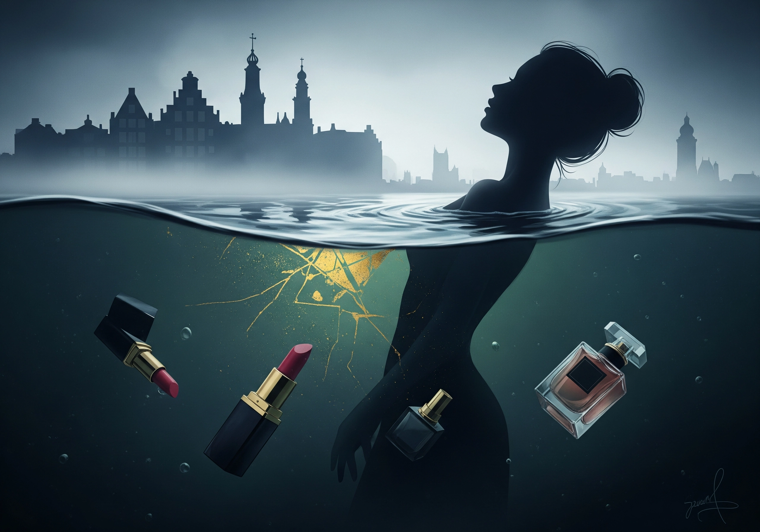 Woman silhouette in water with lipstick, perfume floating; Amsterdam skyline.