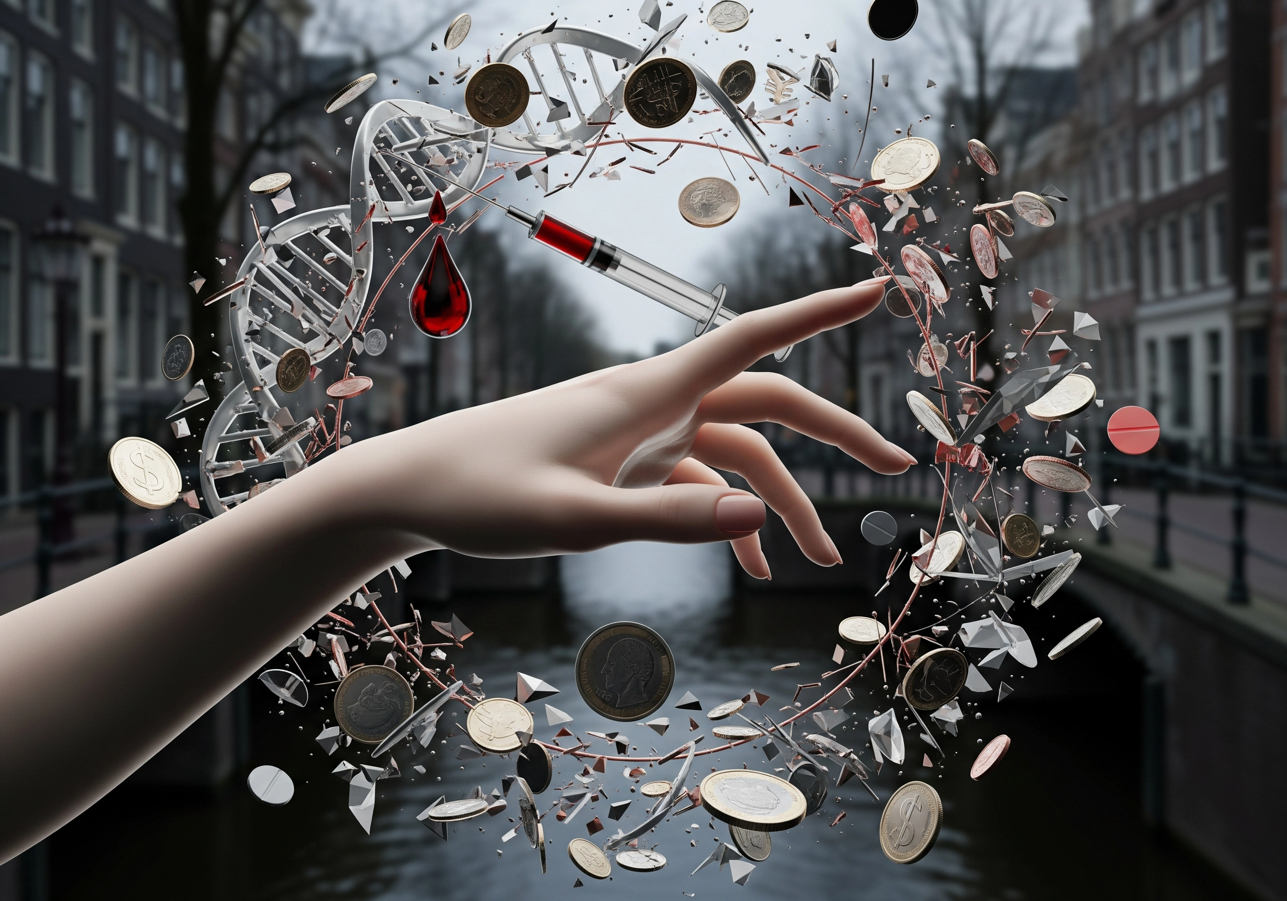 Hand reaching for a syringe with euro coins and DNA; Amsterdam street view.