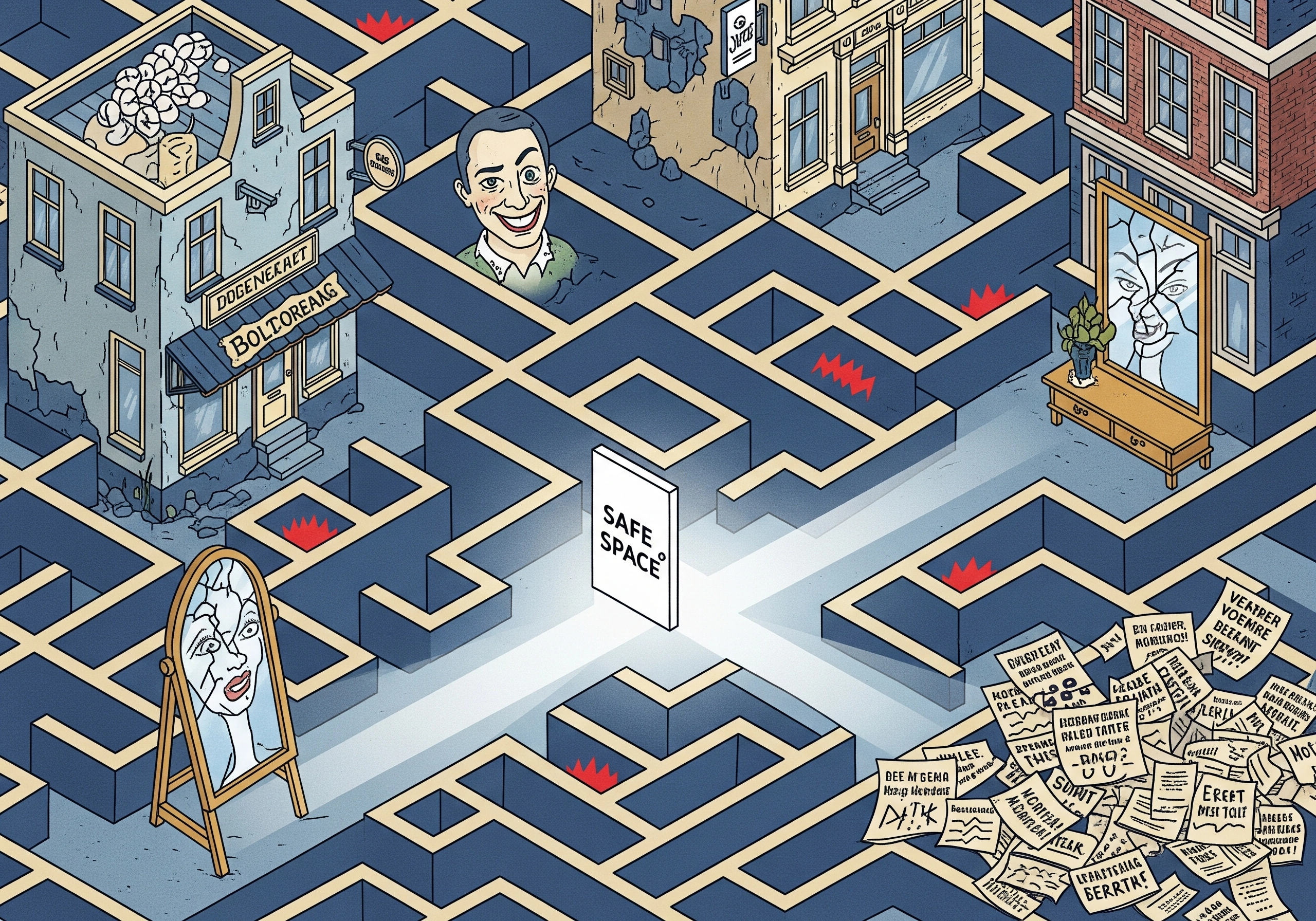 Maze with Amsterdam buildings, mirrors reflecting faces, and a 'safe space' portal.