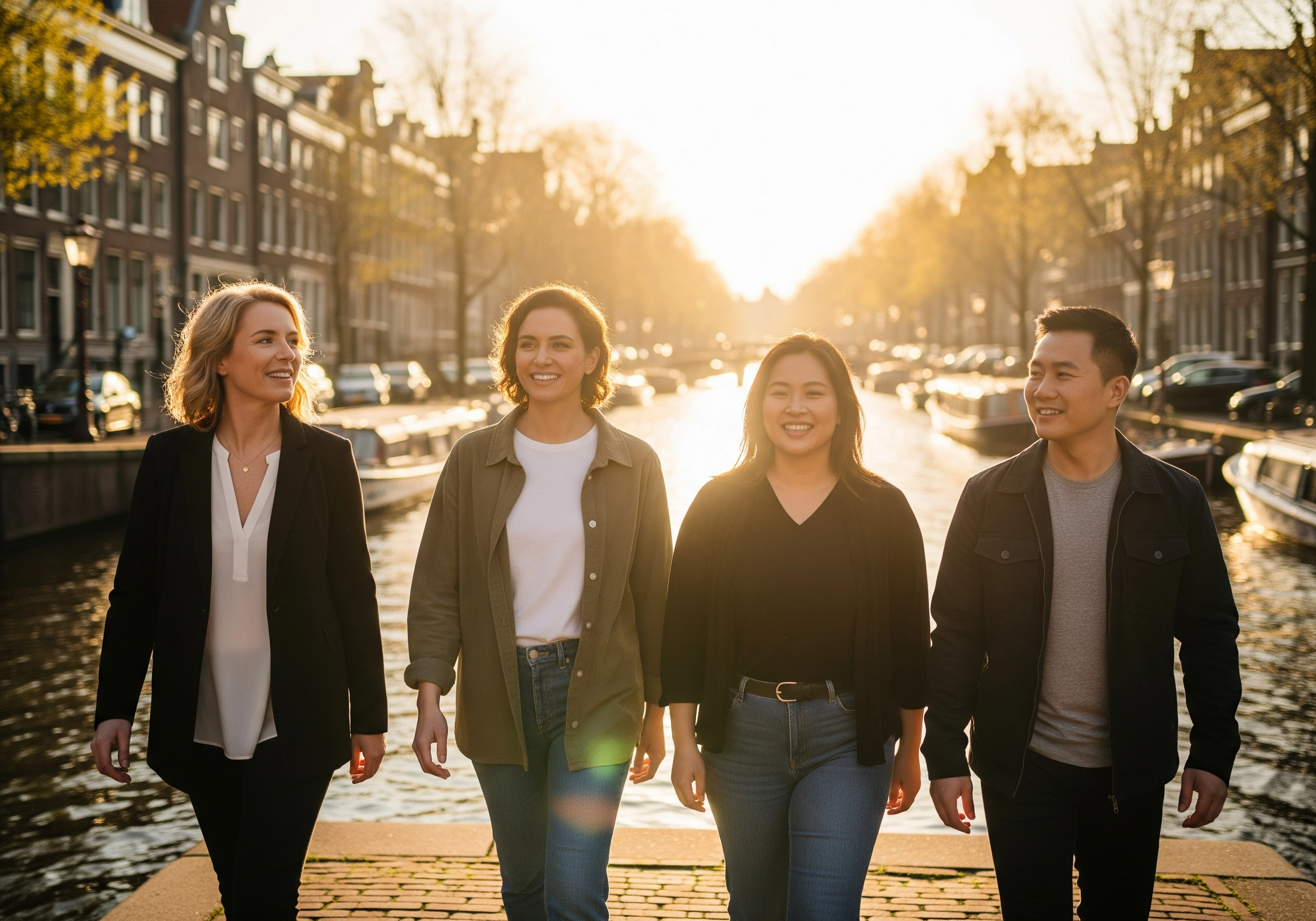 Four smiling friends walk along an Amsterdam canal, potentially seeking a beauty salon Amsterdam.