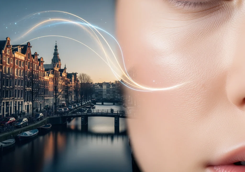 Amsterdam canal view merging with close-up of skin, suggesting carbon peel benefits Amsterdam.