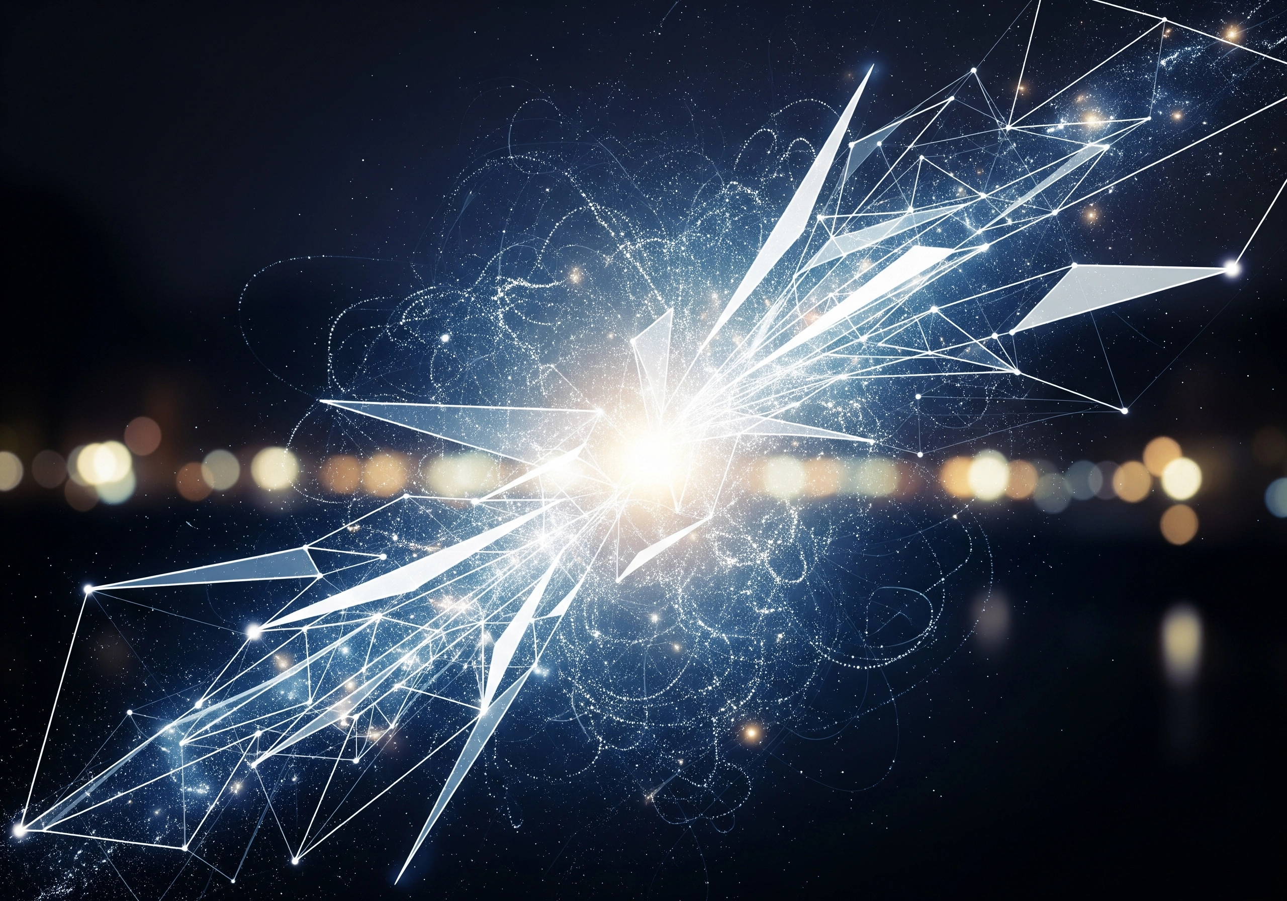 Abstract digital art with glowing lines and geometric shapes on a dark background.