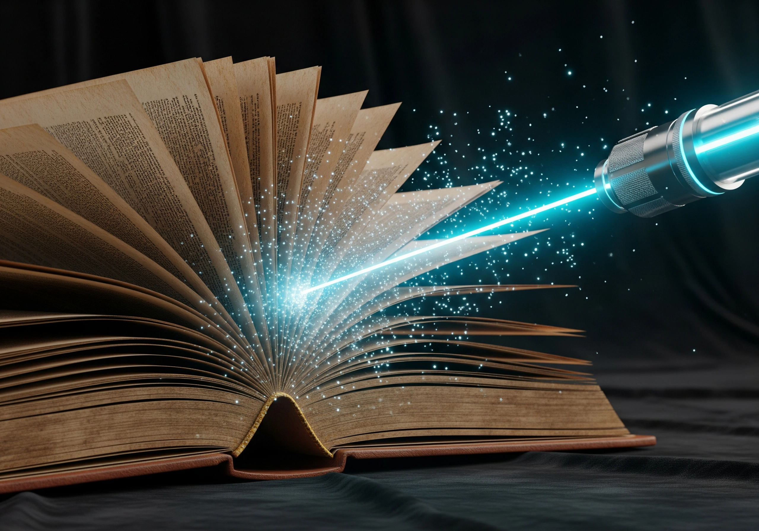 Laser beam striking open book, representing carbon peeling Amsterdam facts & technology.