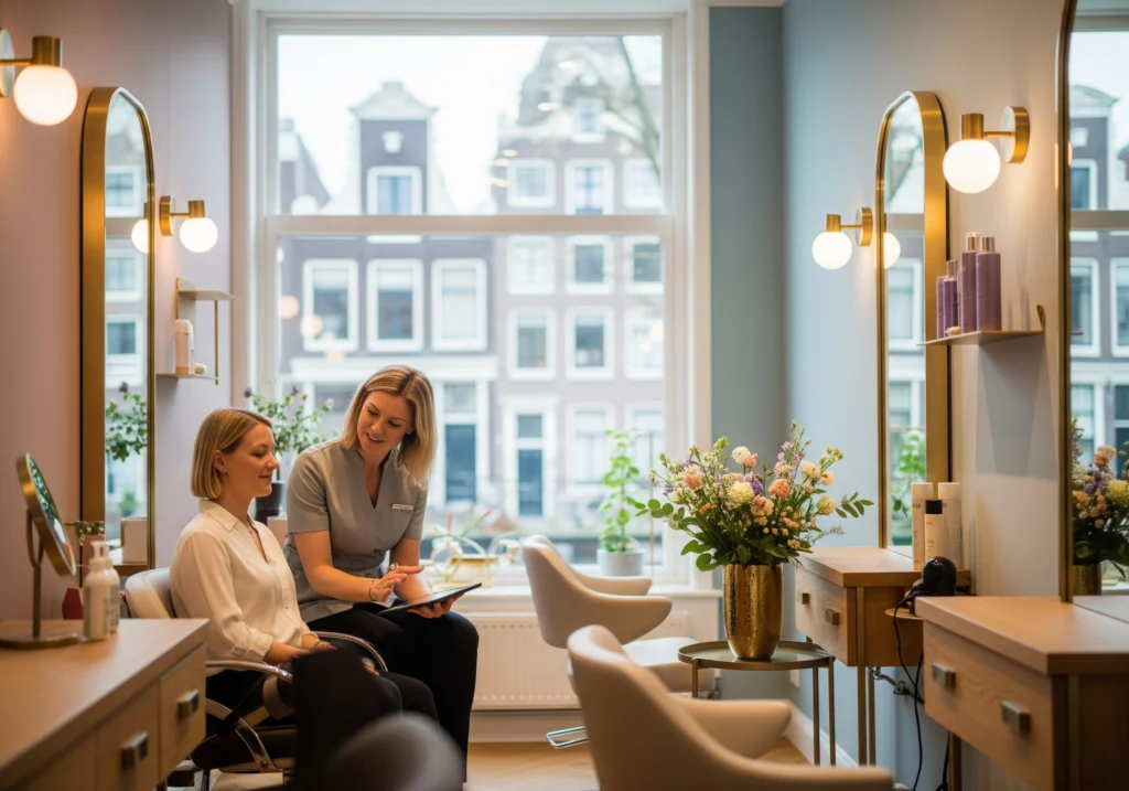 Beautician consulting with client in Amsterdam beauty salon, tablet in hand