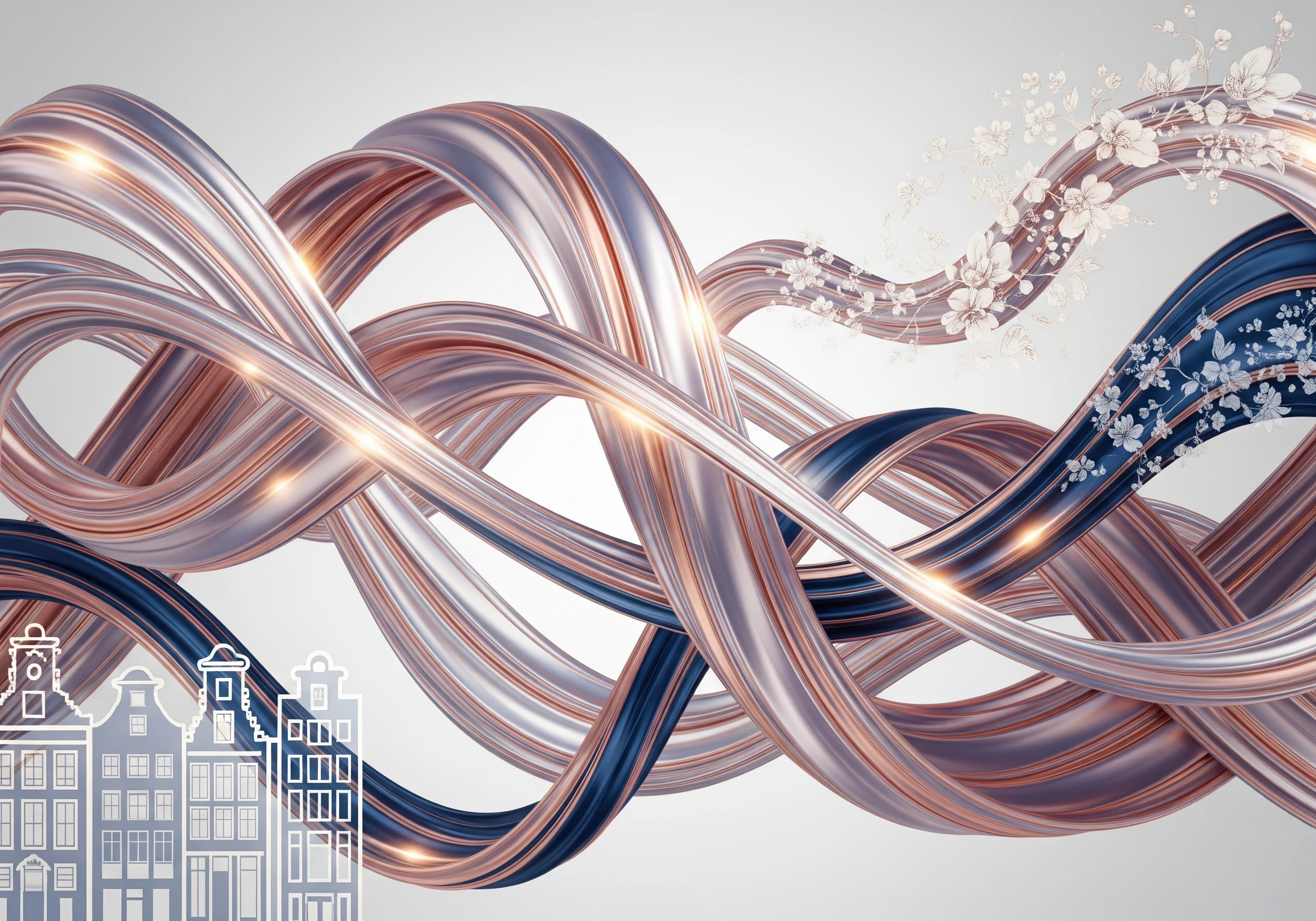 Abstract swirl of rose gold and navy, with Amsterdam canal house outlines
